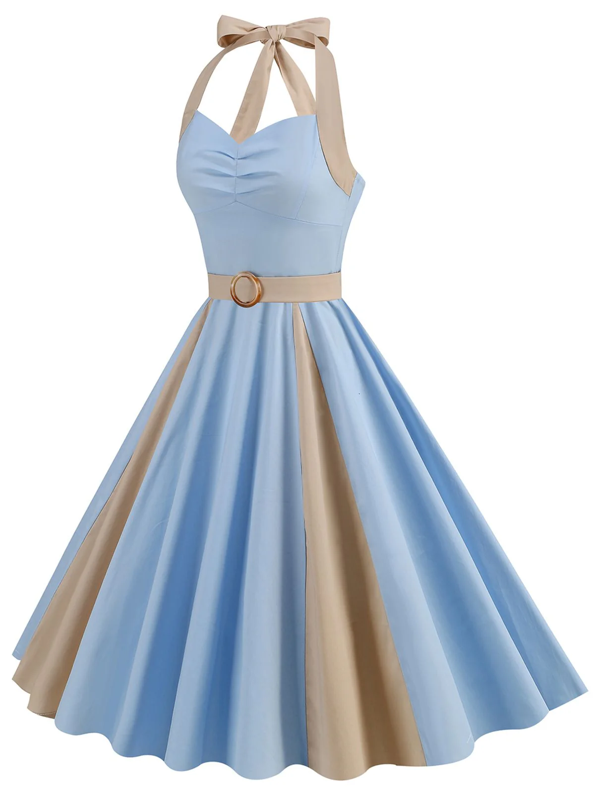 1950s Halter Solid Color Block Belt Dress - Image 2
