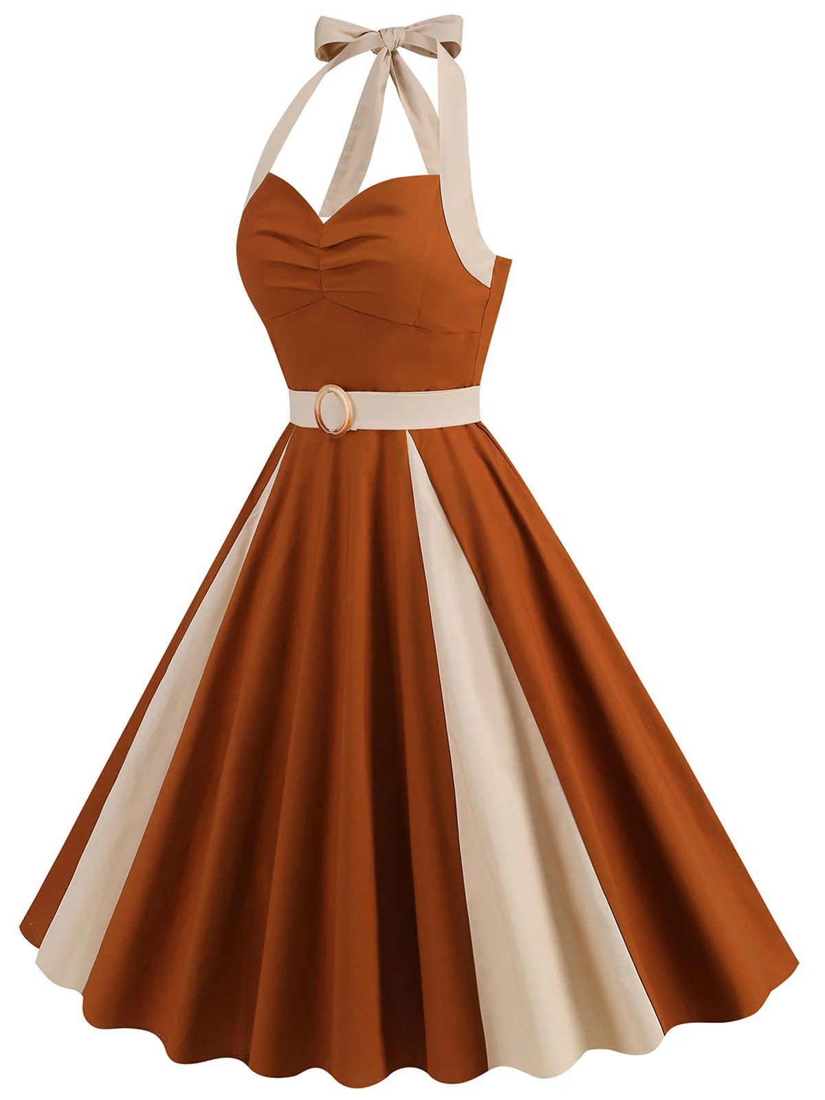 1950s Halter Solid Color Block Belt Dress - Image 4
