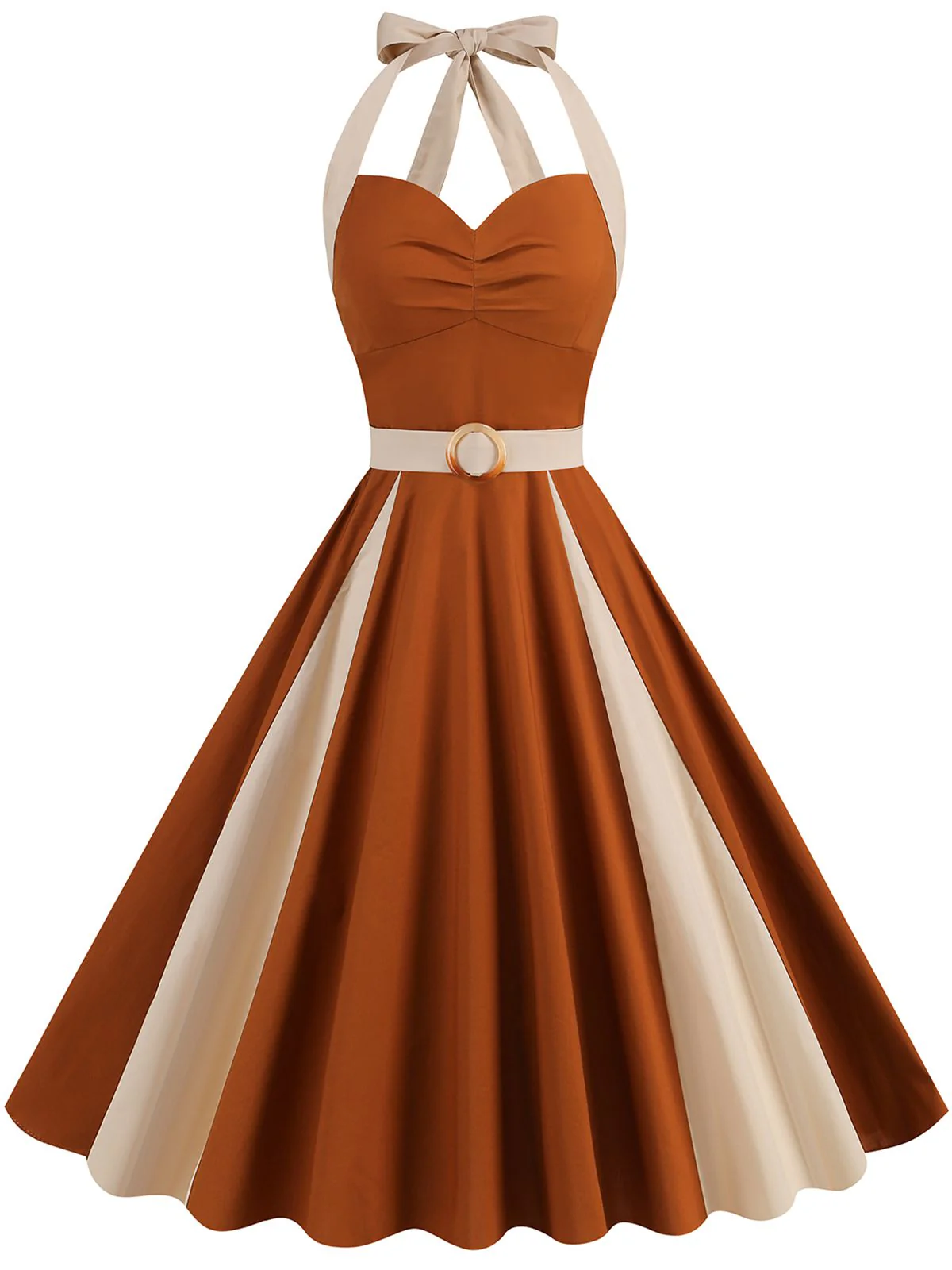 1950s Halter Solid Color Block Belt Dress - Image 6