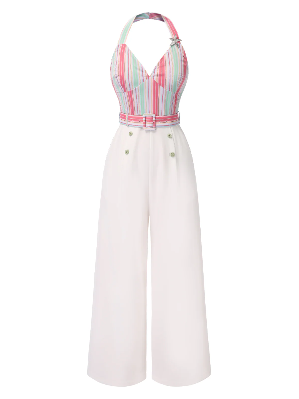1950s Halter Starfish Colorful Stripes Belted Jumpsuit - Image 2