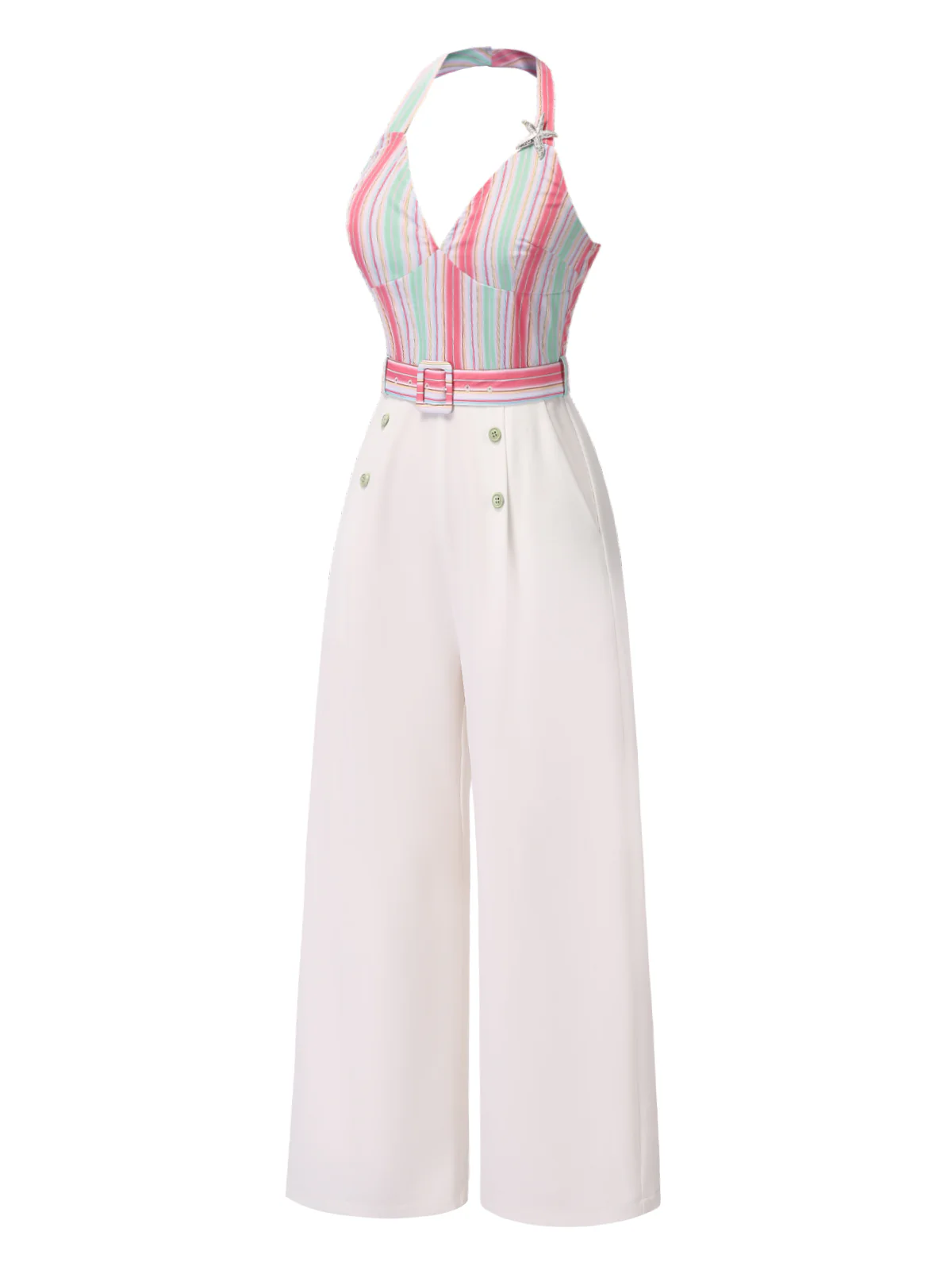 1950s Halter Starfish Colorful Stripes Belted Jumpsuit - Image 3