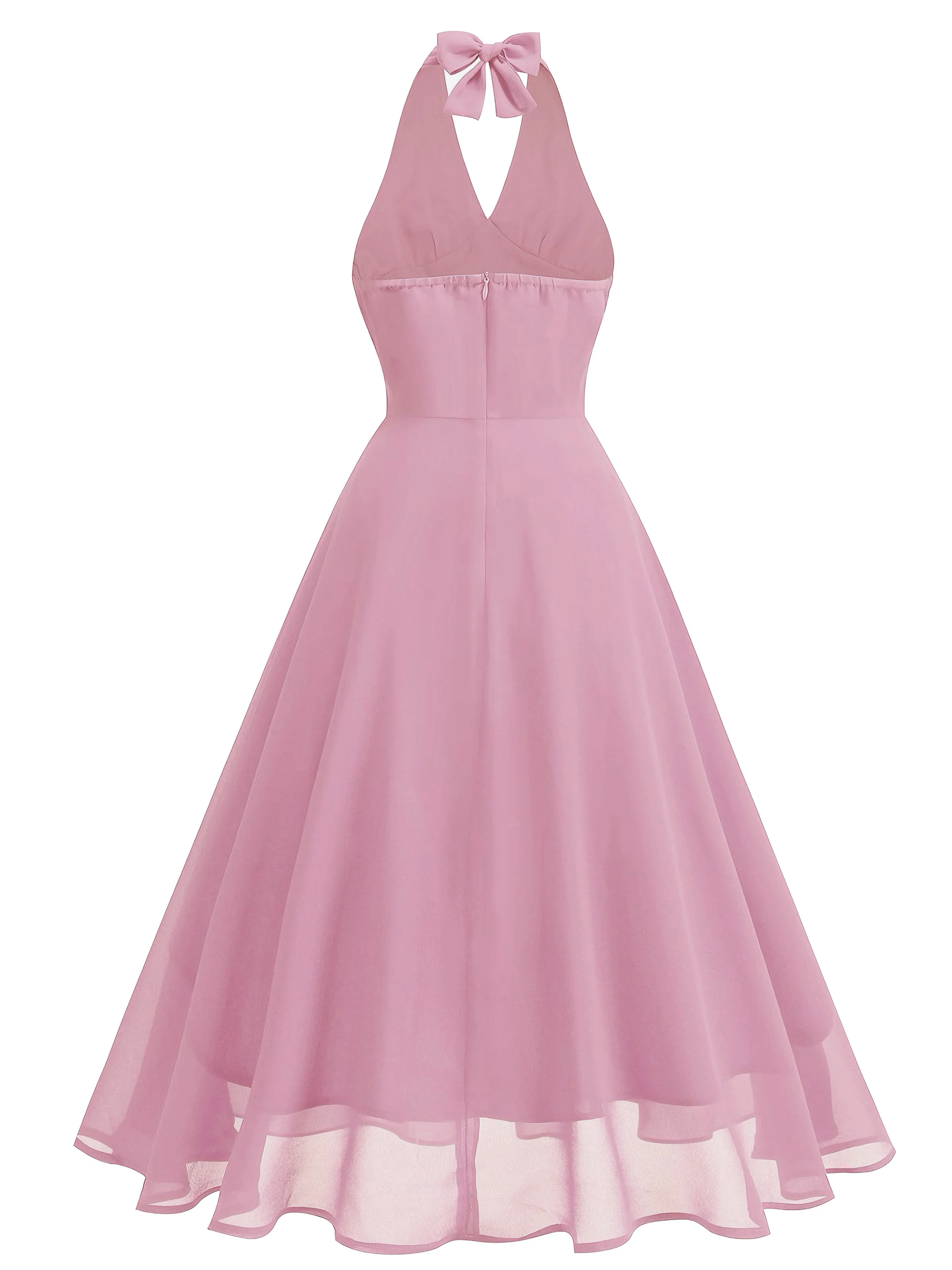 1950s Halter V-Neck Mesh Backless Dress - Image 3