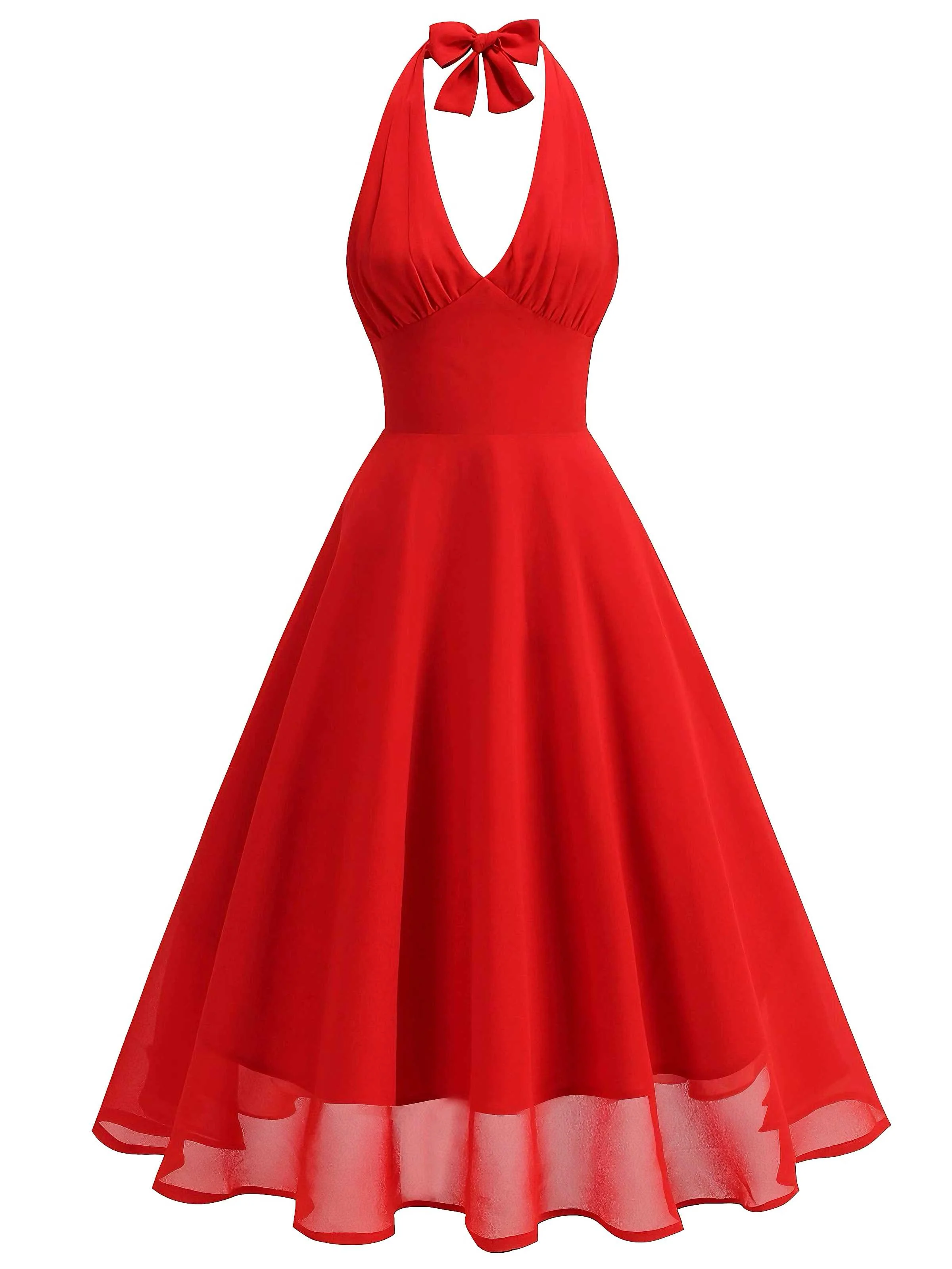 1950s Halter V-Neck Mesh Backless Dress - Image 4