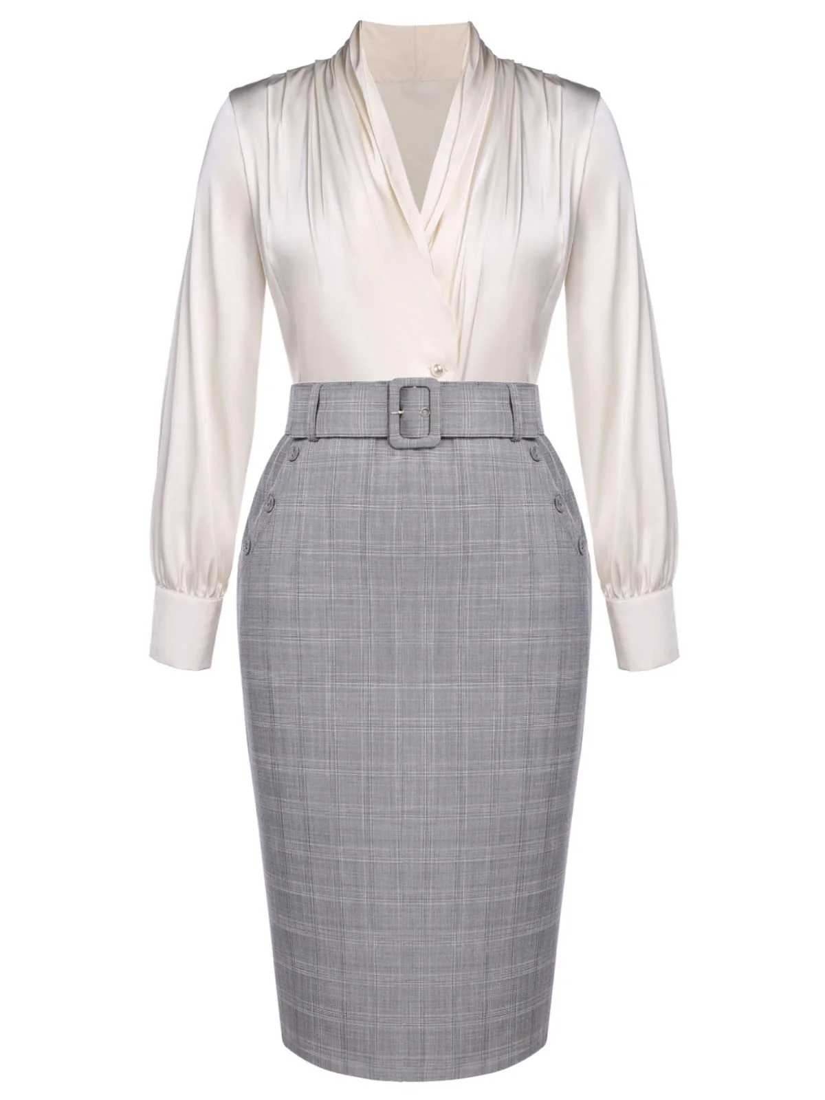1960s Ivory Solid Blouse & Gray Retro Skirt - Image 2