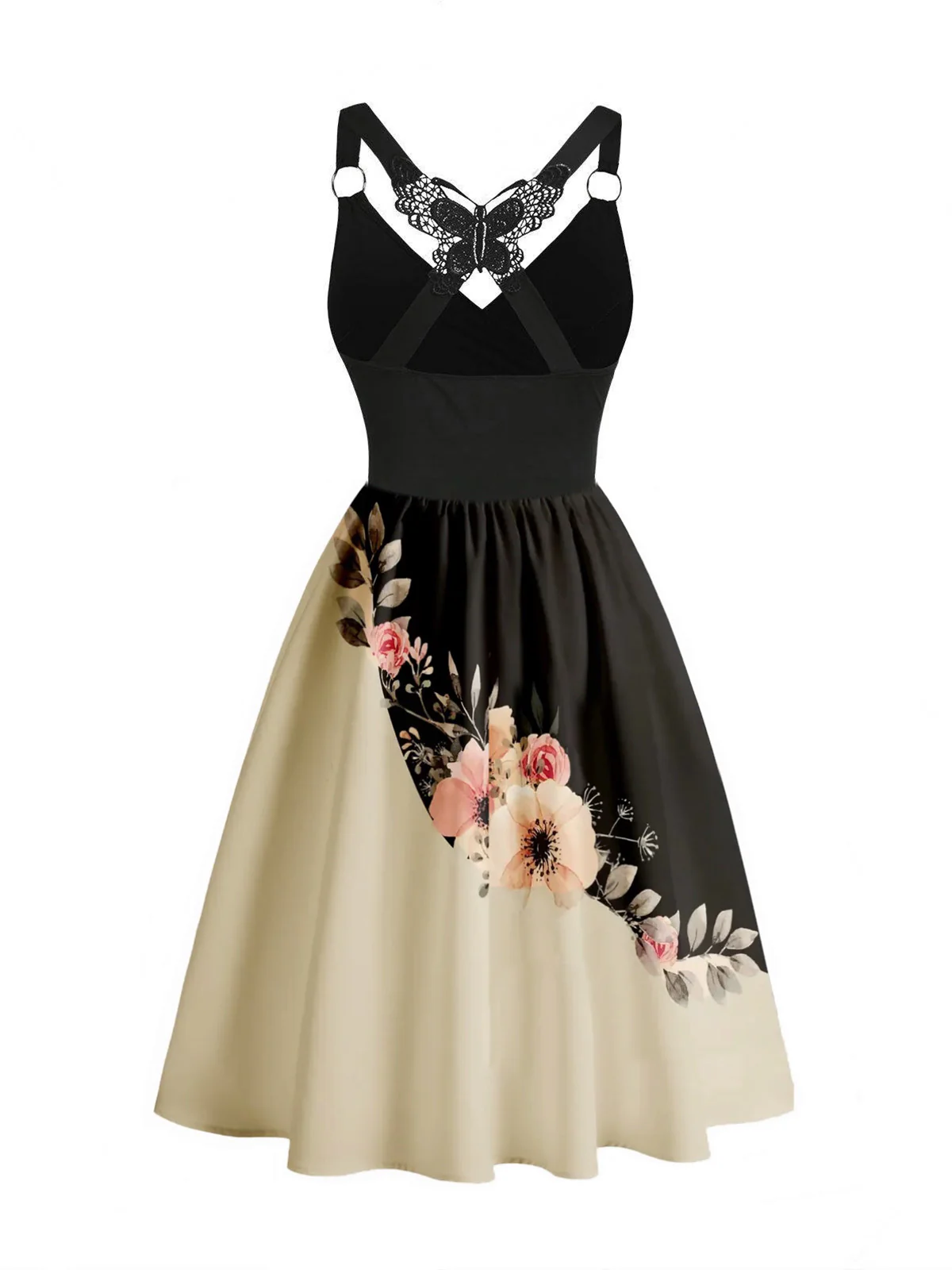 1950s Lace Butterfly Floral Colorblock Dress - Image 2