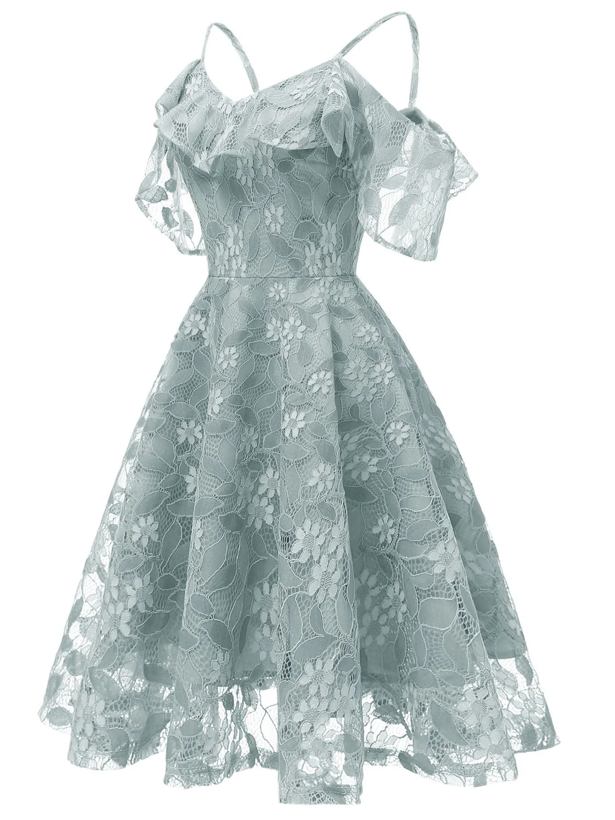 1950s Lace Cold Shoulder Ruffle Dress - Image 3