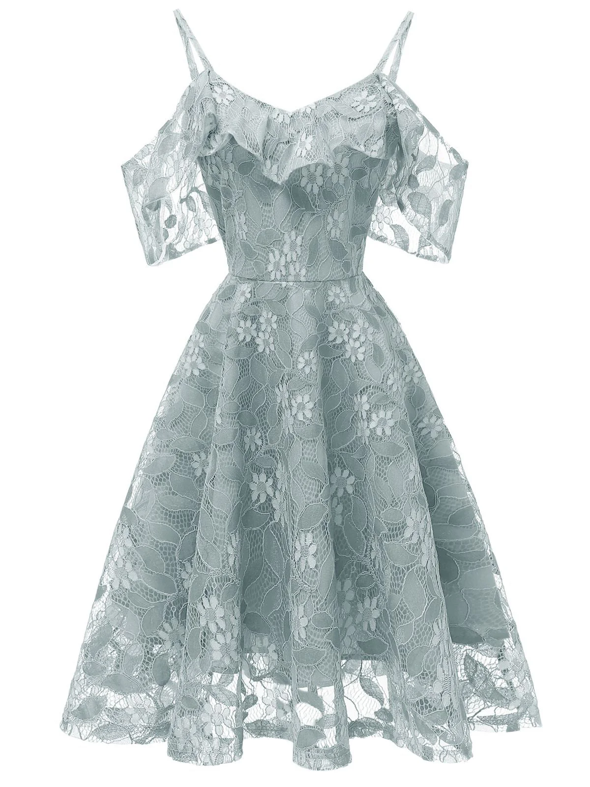 1950s Lace Cold Shoulder Ruffle Dress - Image 19