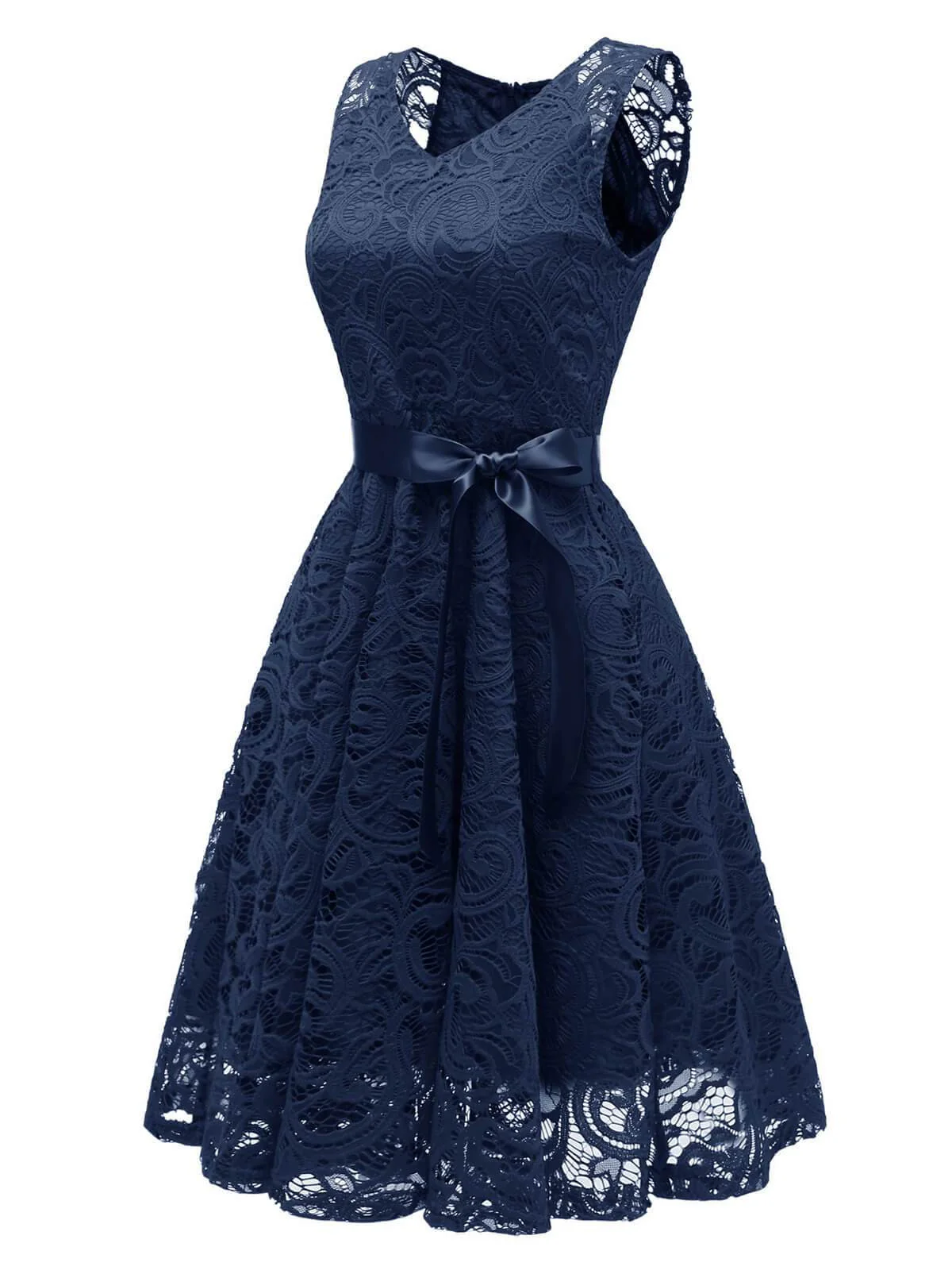 1950s Lace V Neck Bow Dress - Image 8