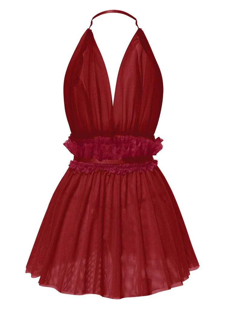 1950s Lace Mesh Deep V-Neck Halter Nightgown - Image 2
