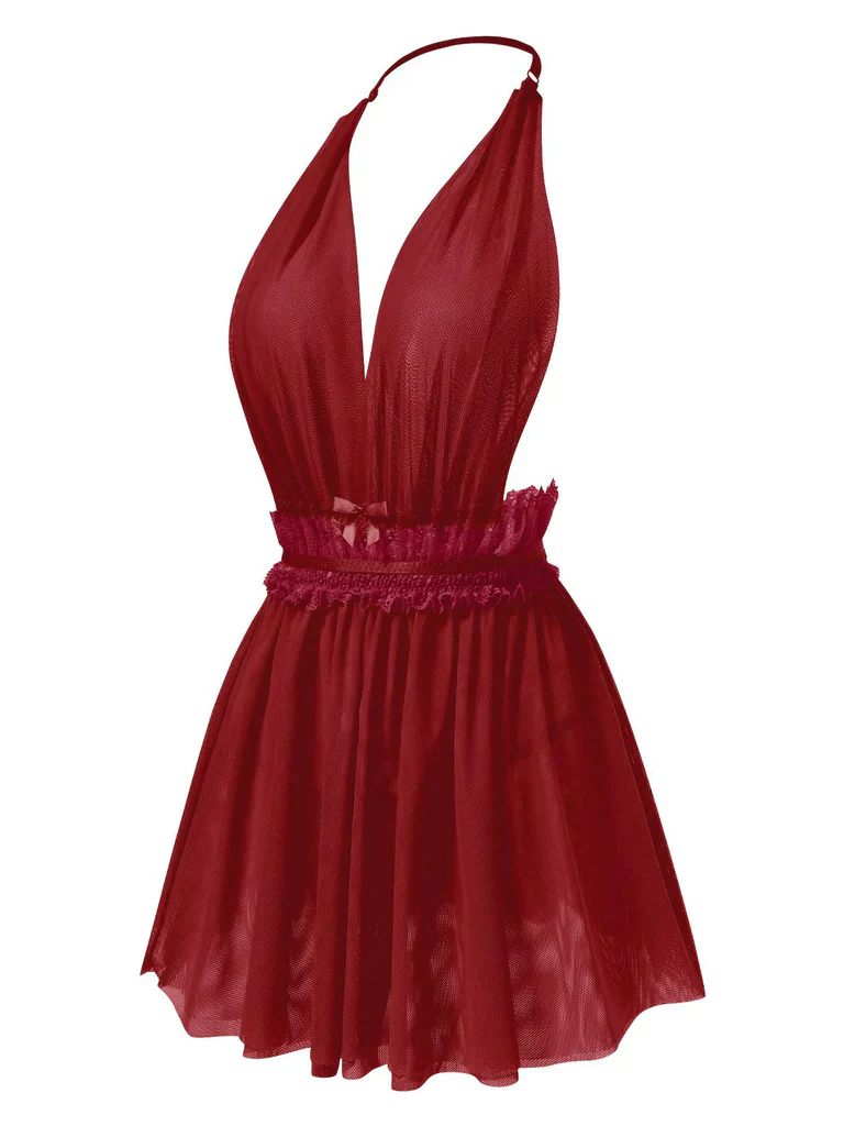 1950s Lace Mesh Deep V-Neck Halter Nightgown - Image 3