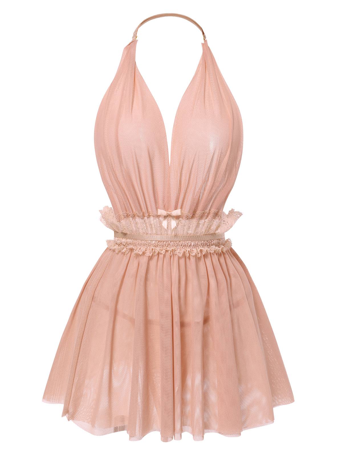 1950s Lace Mesh Deep V-Neck Halter Nightgown - Image 5