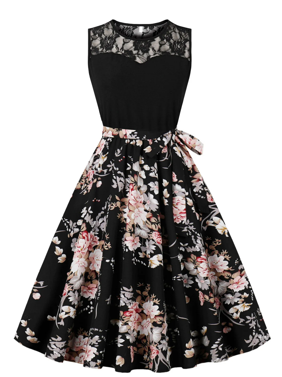 1950s Lace Patchwork Cherry Floral Sleeveless Dress - Image 3