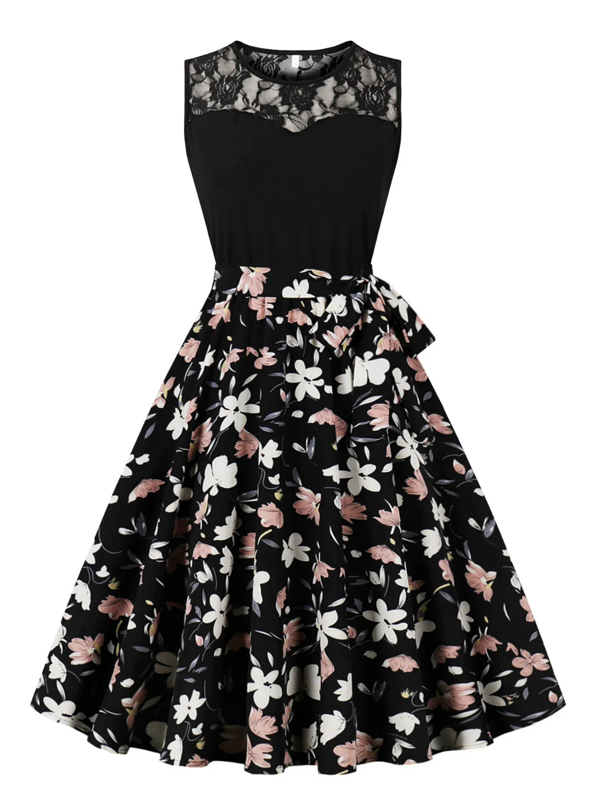 1950s Lace Patchwork Cherry Floral Sleeveless Dress - Image 5