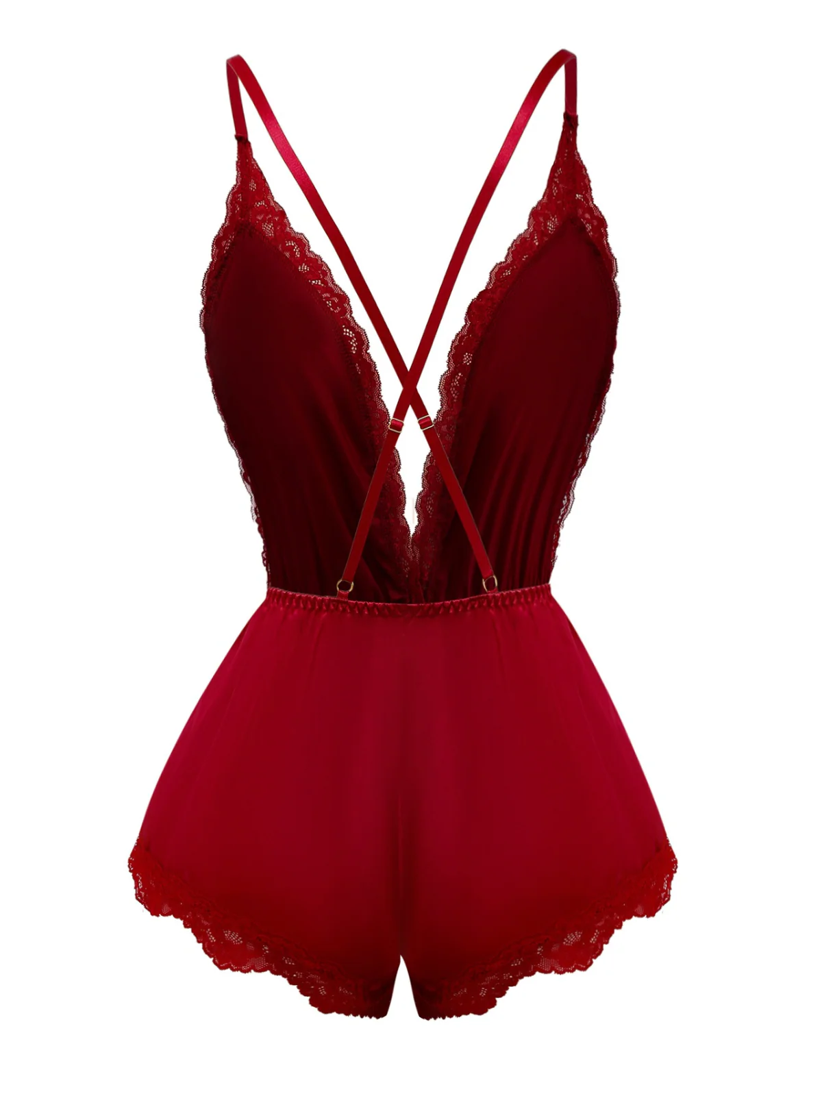 1950s Lace Satin Deep V Backless Sleep Romper - Image 2