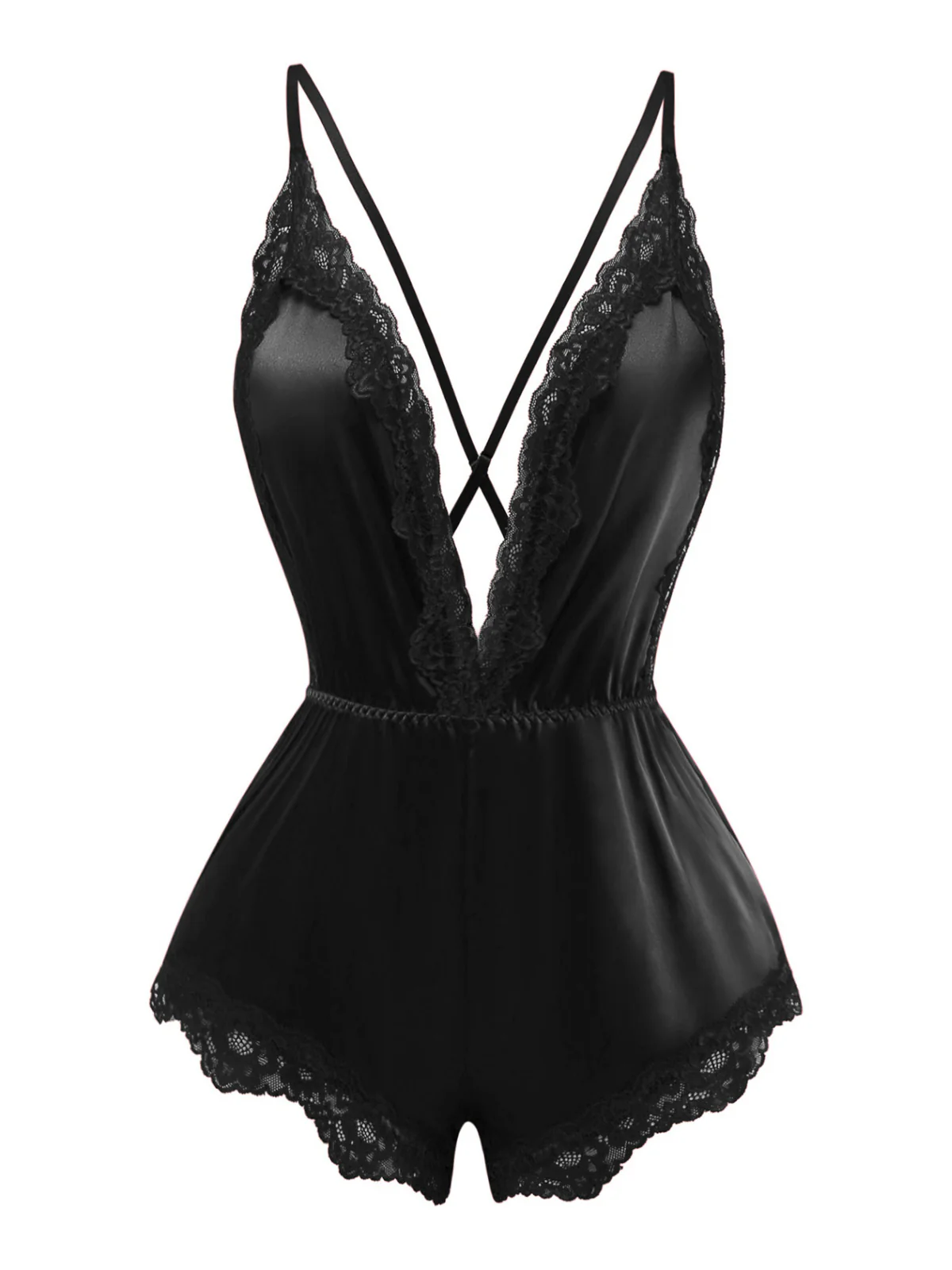 1950s Lace Satin Deep V Backless Sleep Romper - Image 6