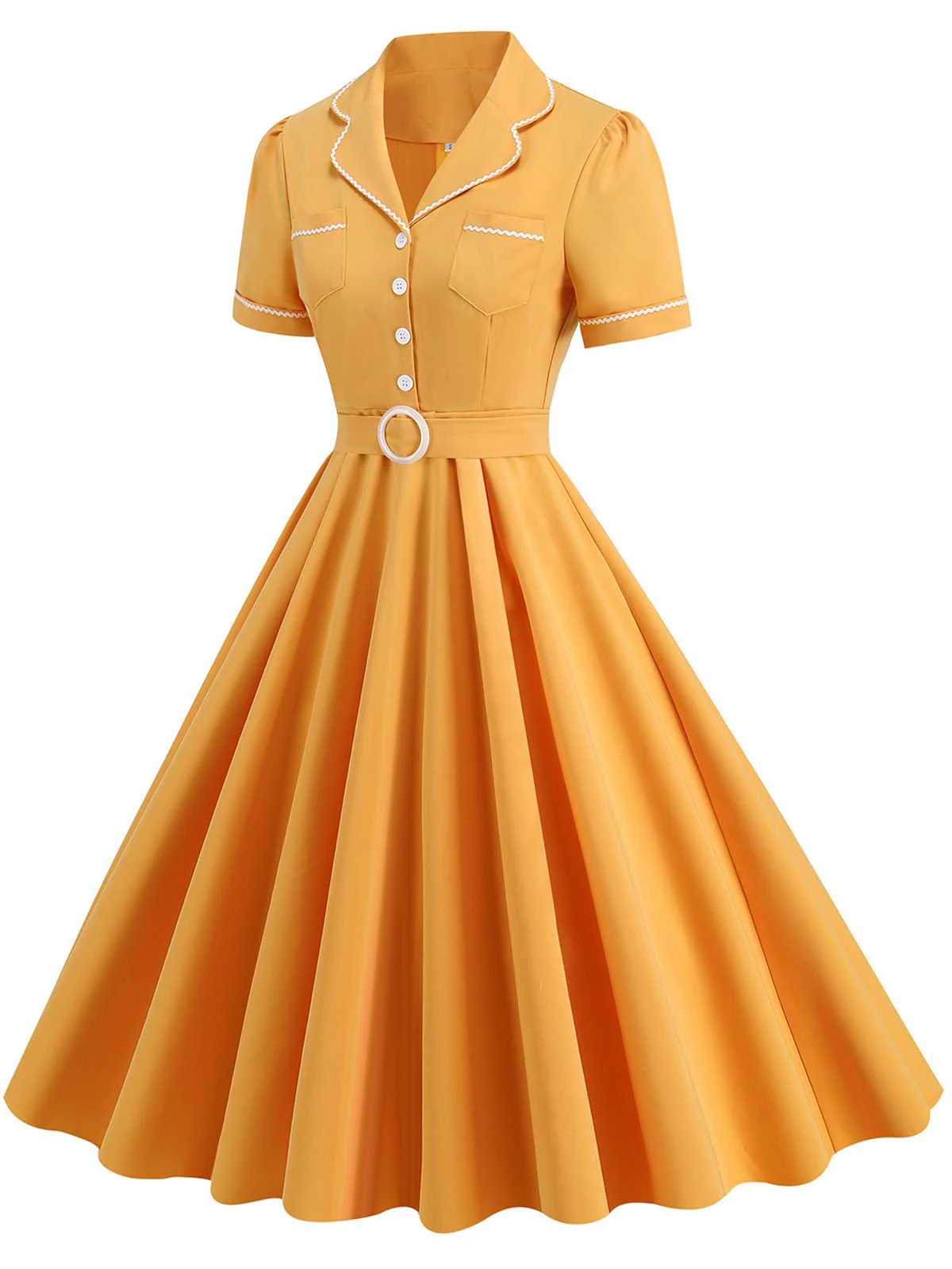 1950s Lapel Belted Solid Dress - Image 2