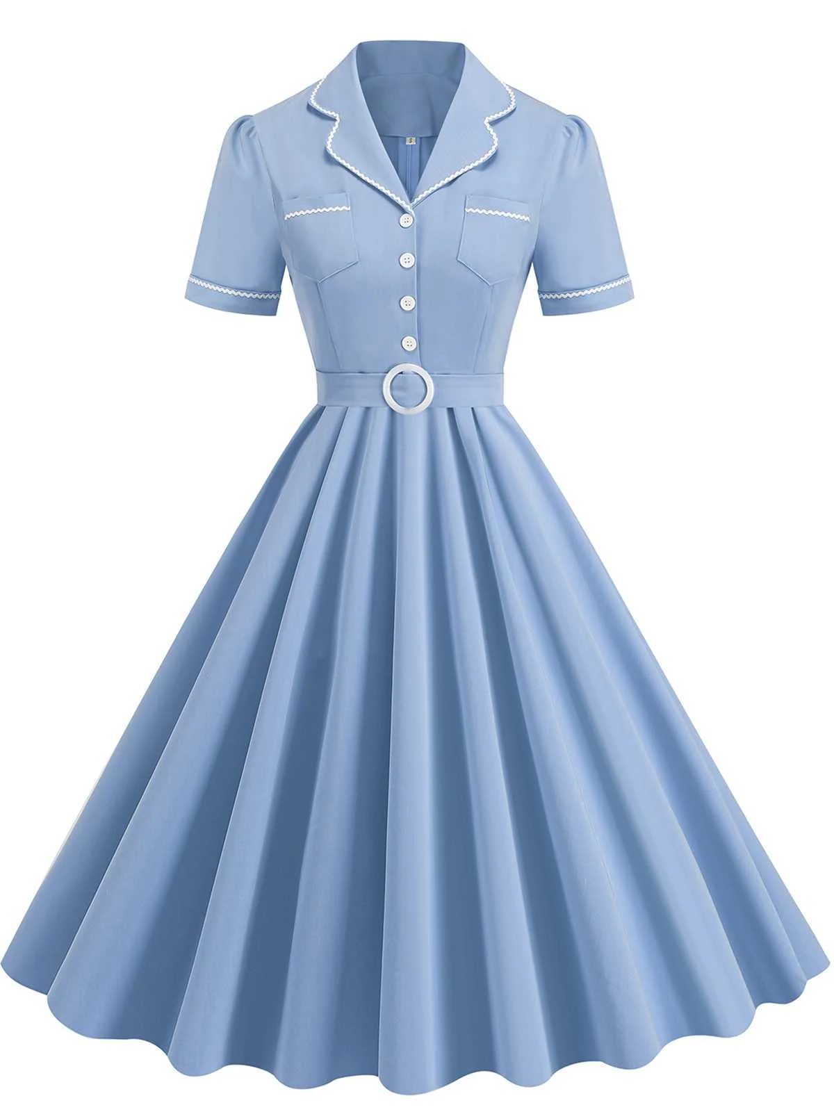 1950s Lapel Belted Solid Dress - Image 5