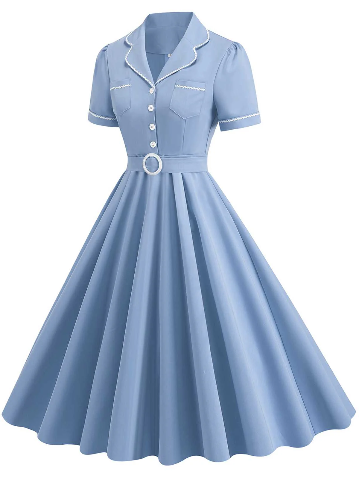 1950s Lapel Belted Solid Dress - Image 6