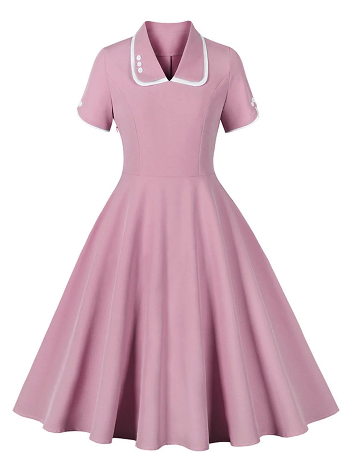 1950s Lapel Buttoned Short Sleeve Solid Dress - Image 11