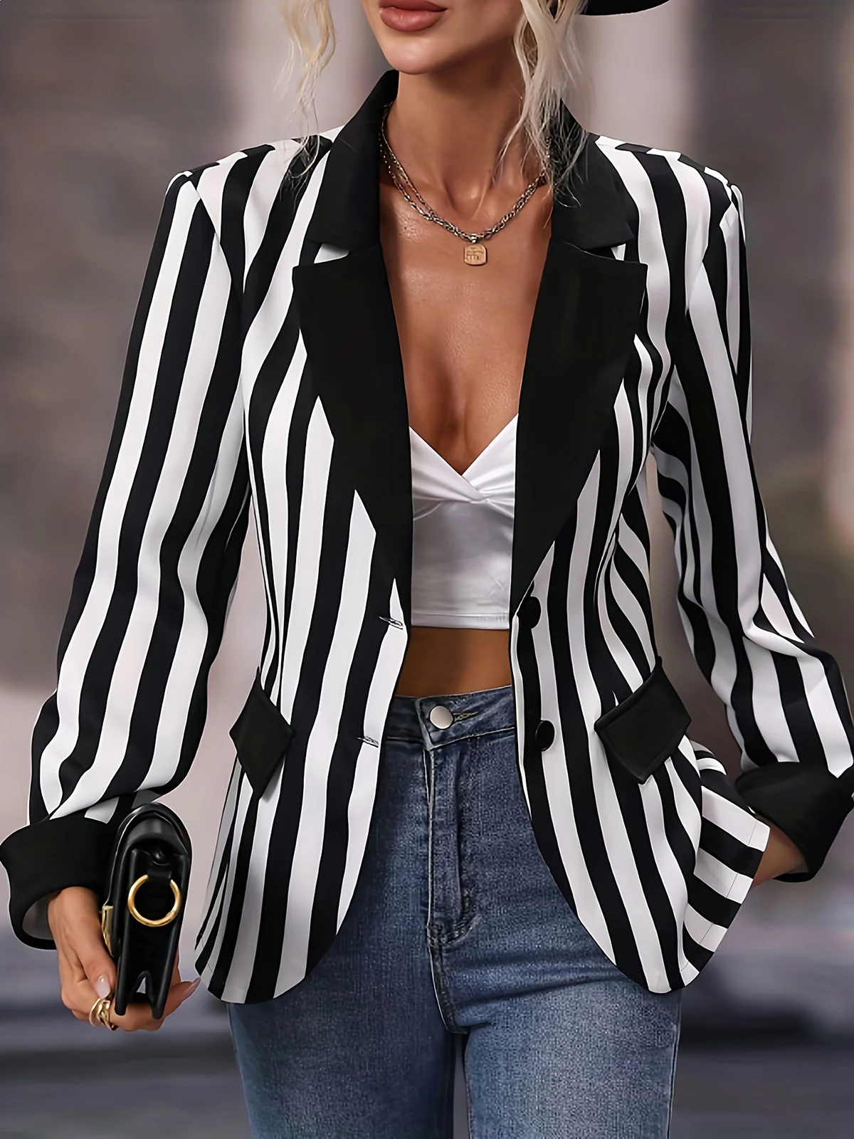 1950s Lapel Contrast Black & White Stripes Blazer - Image 5