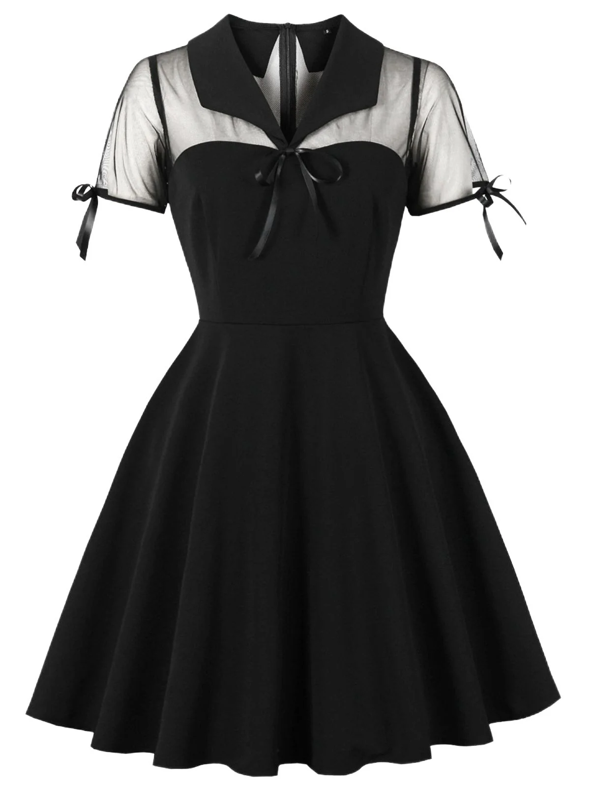 1950s Lapel Mesh Patchwork Swing Dress - Image 5