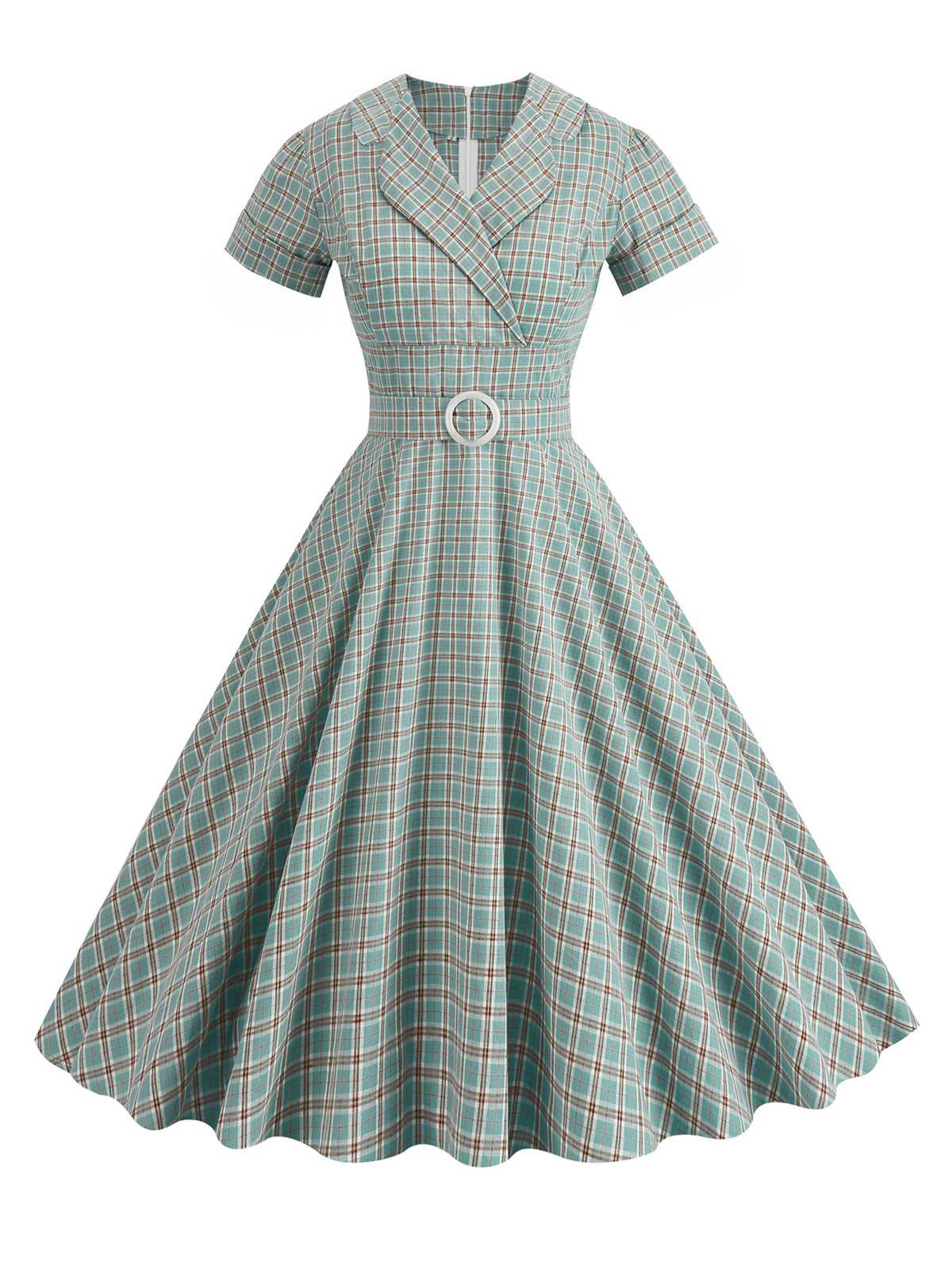 1950s Lapel Plaids Belted Dress - Image 2