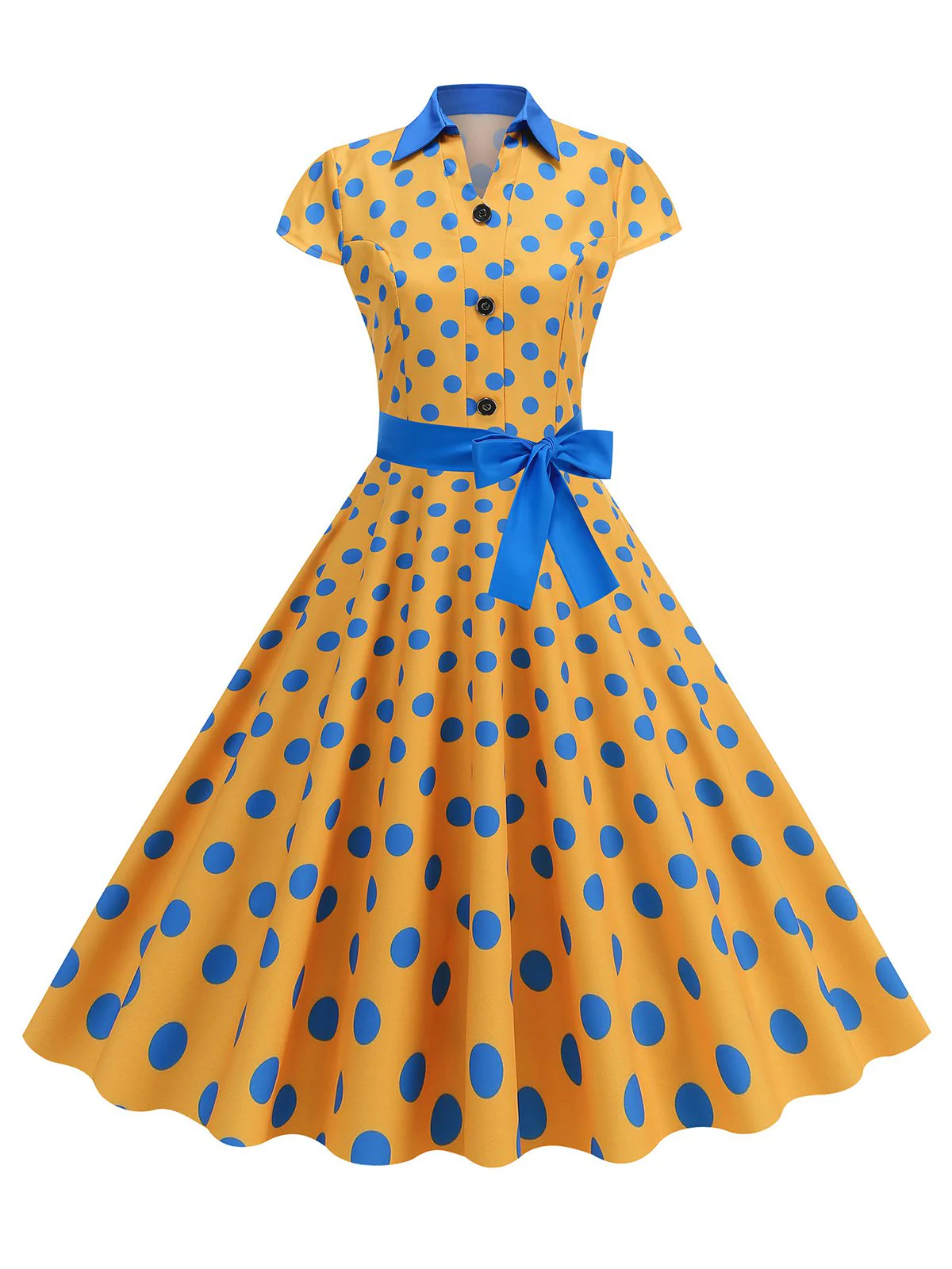 1950s Lapel Polka Dots Bow Swing Dress - Image 10
