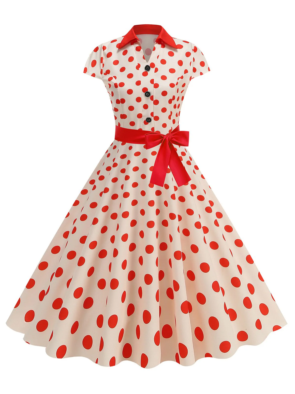 1950s Lapel Polka Dots Bow Swing Dress - Image 3
