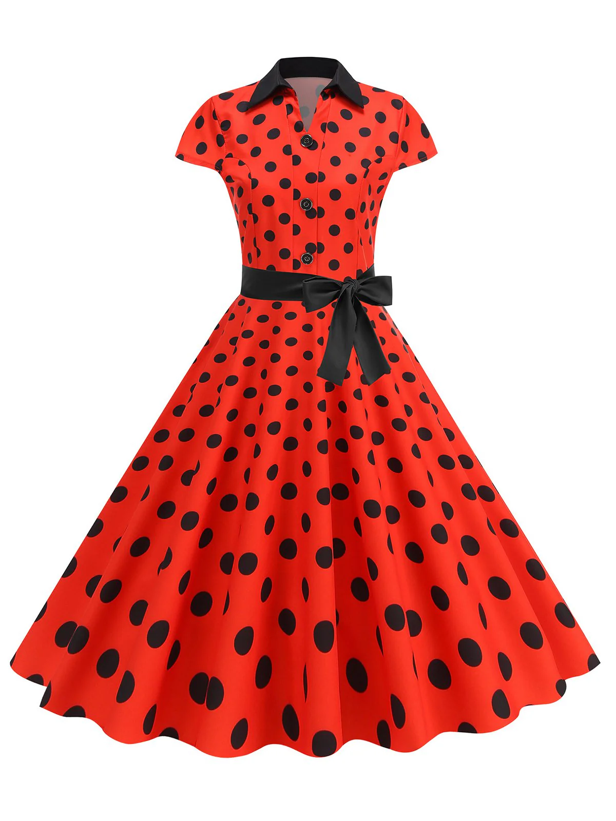 1950s Lapel Polka Dots Bow Swing Dress - Image 6