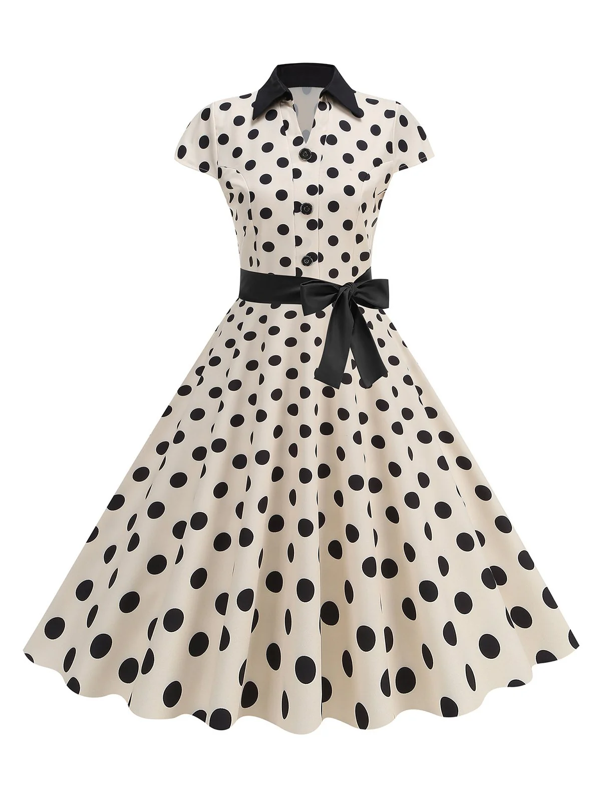 1950s Lapel Polka Dots Bow Swing Dress - Image 8