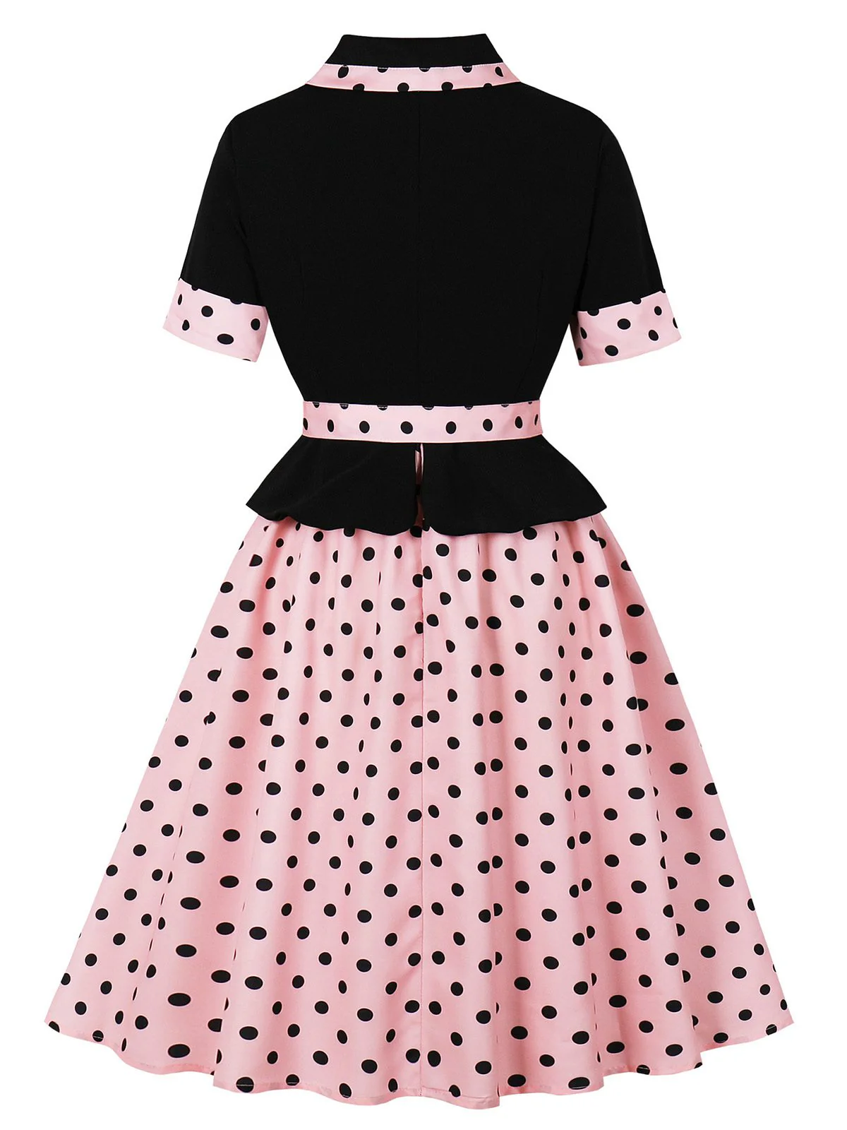 1950s Lapel Polka Dot Patchwork Swing Belted Dress - Image 2