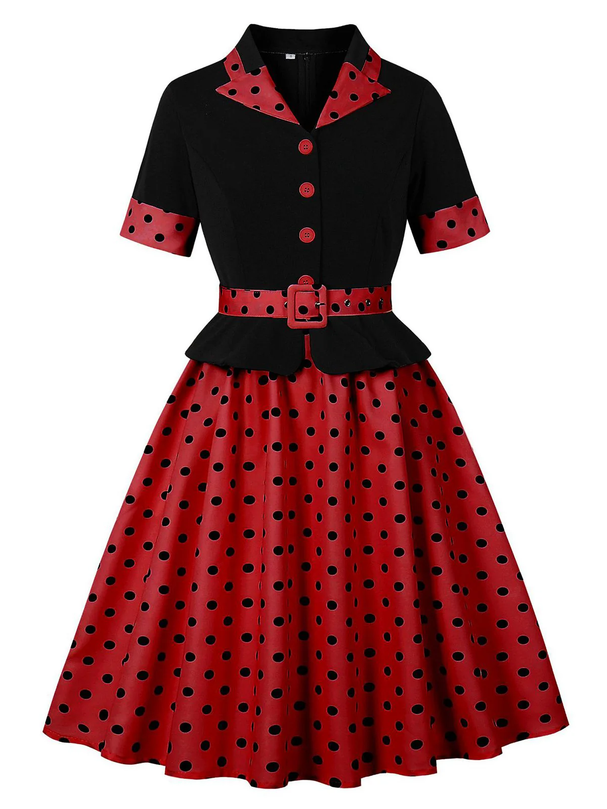 1950s Lapel Polka Dot Patchwork Swing Belted Dress - Image 7
