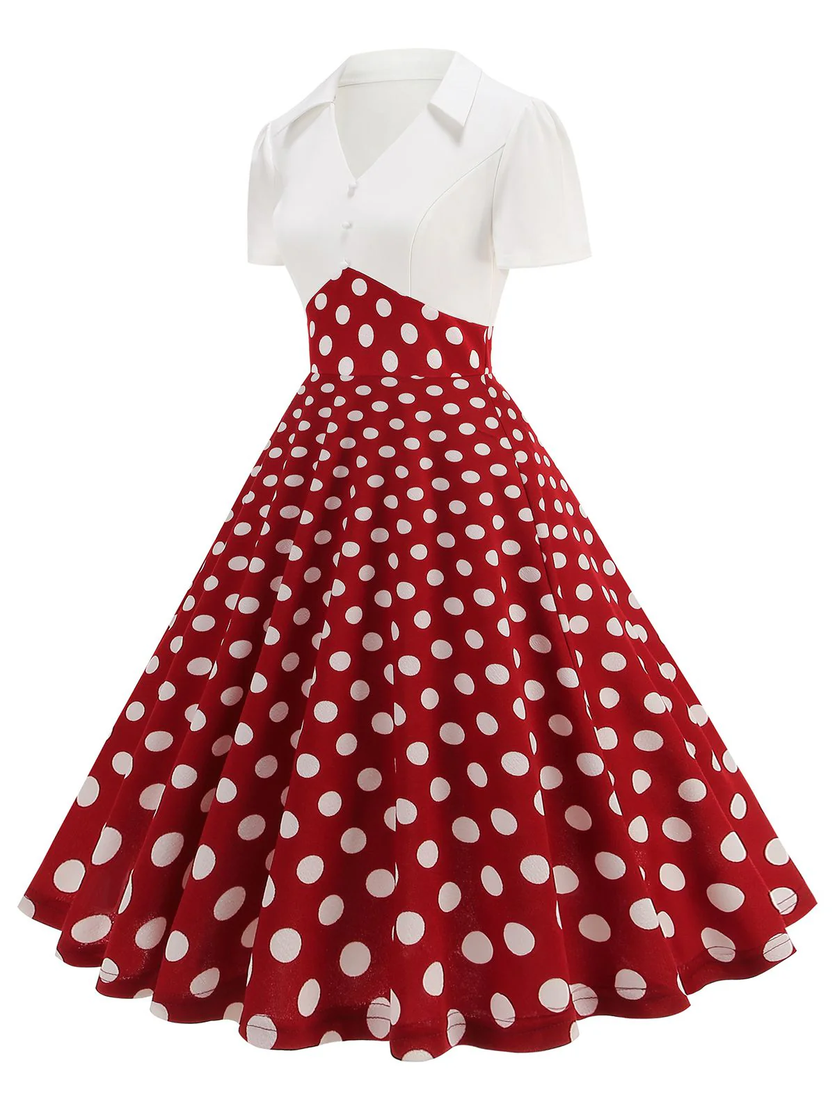 1950s Lapel Polka Dots Patchwork Swing Dress - Image 2