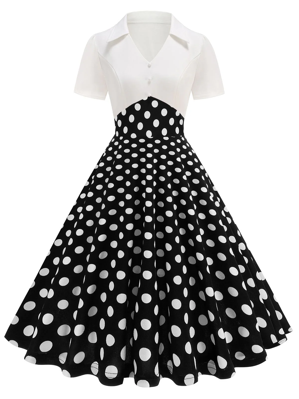 1950s Lapel Polka Dots Patchwork Swing Dress - Image 5