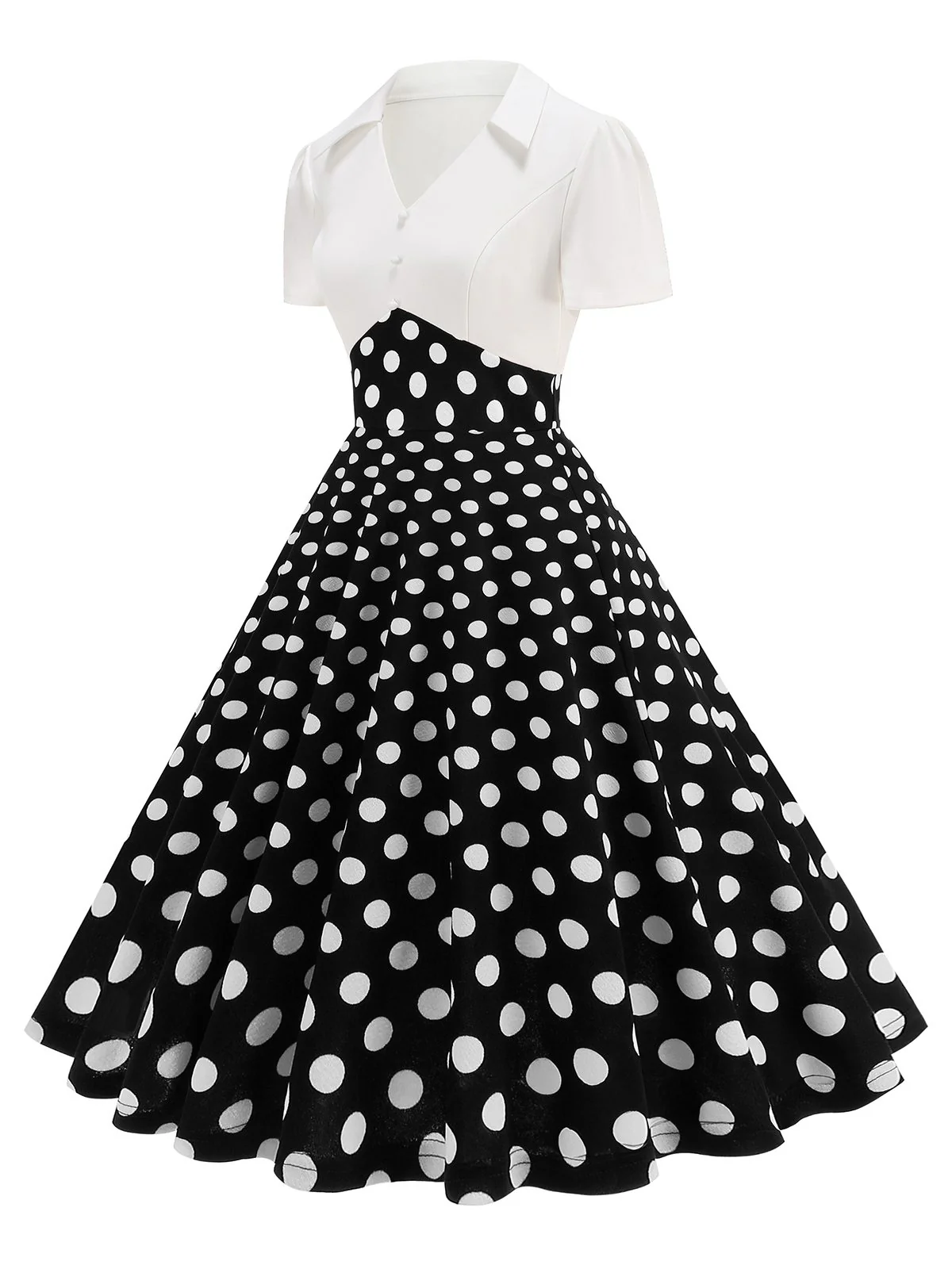 1950s Lapel Polka Dots Patchwork Swing Dress - Image 6