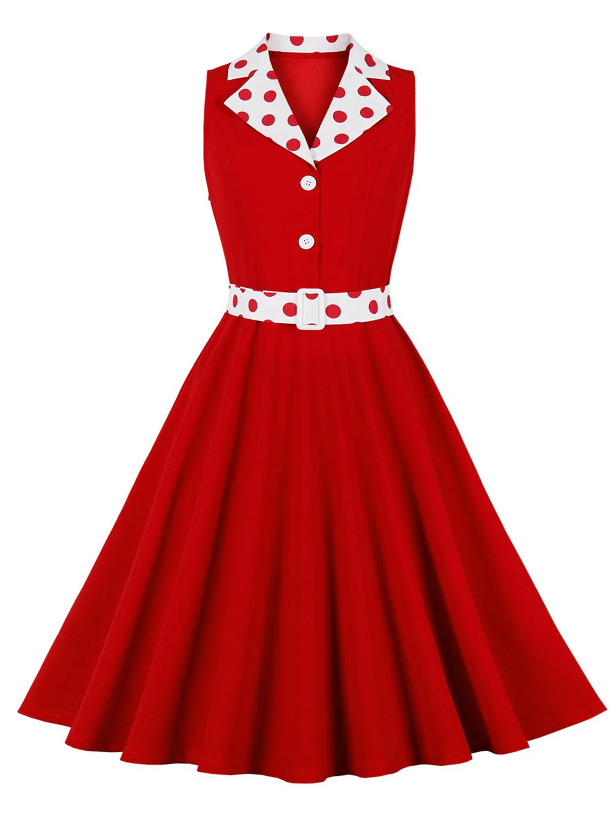 1950s Lapel Polka Dots Sleeveless Belted Dress - Image 3