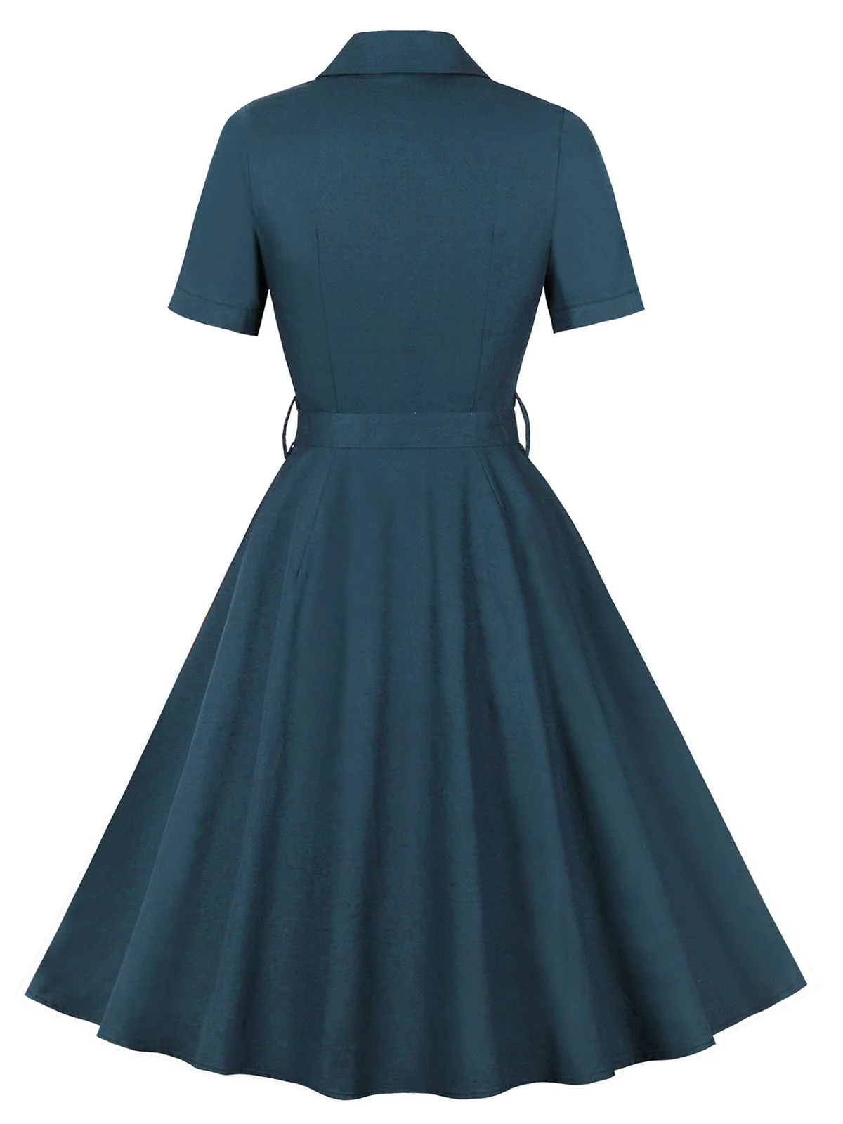 1950s Lapel Solid Buttons Belt Dress - Image 2