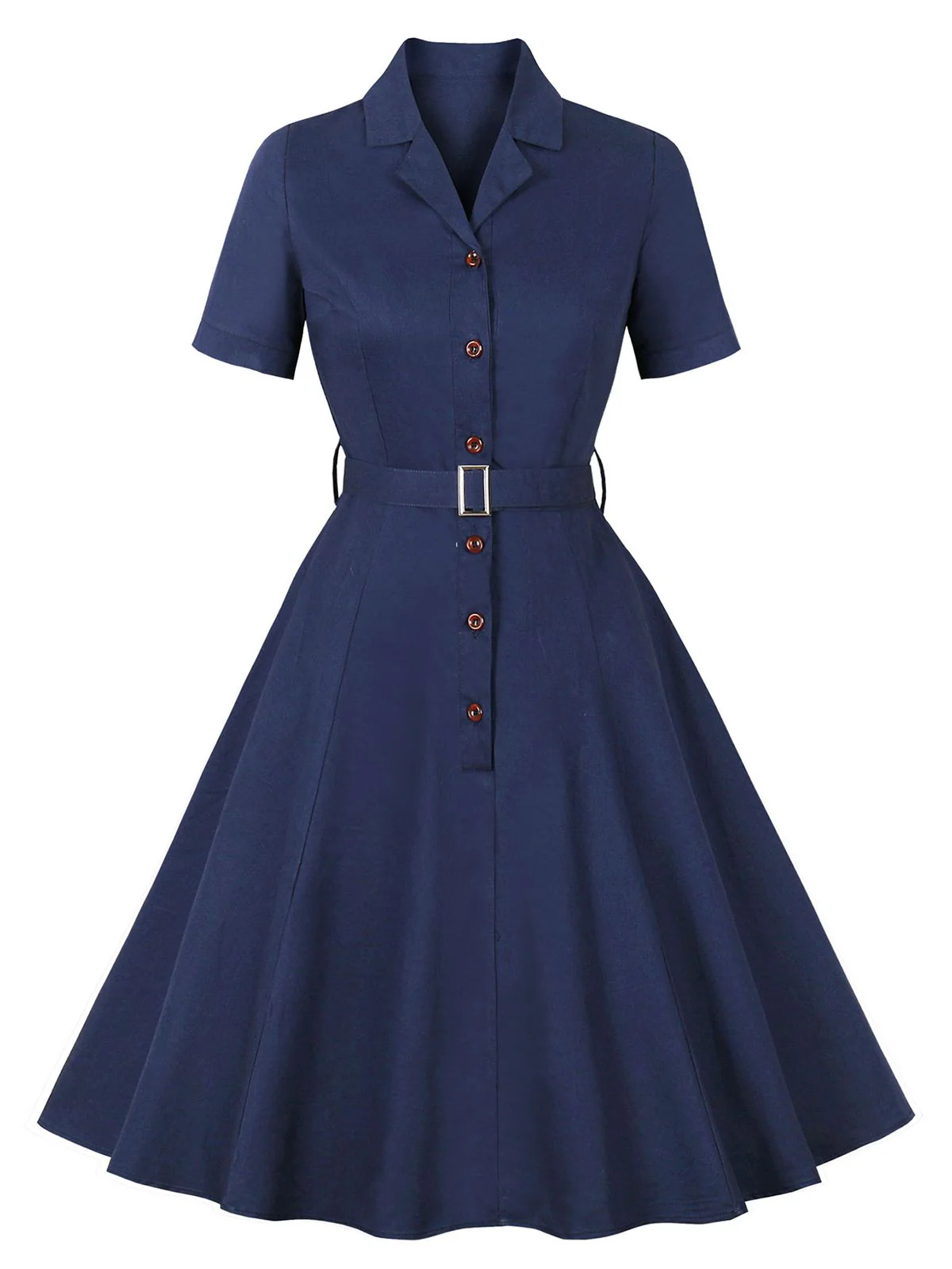 1950s Lapel Solid Buttons Belt Dress - Image 3