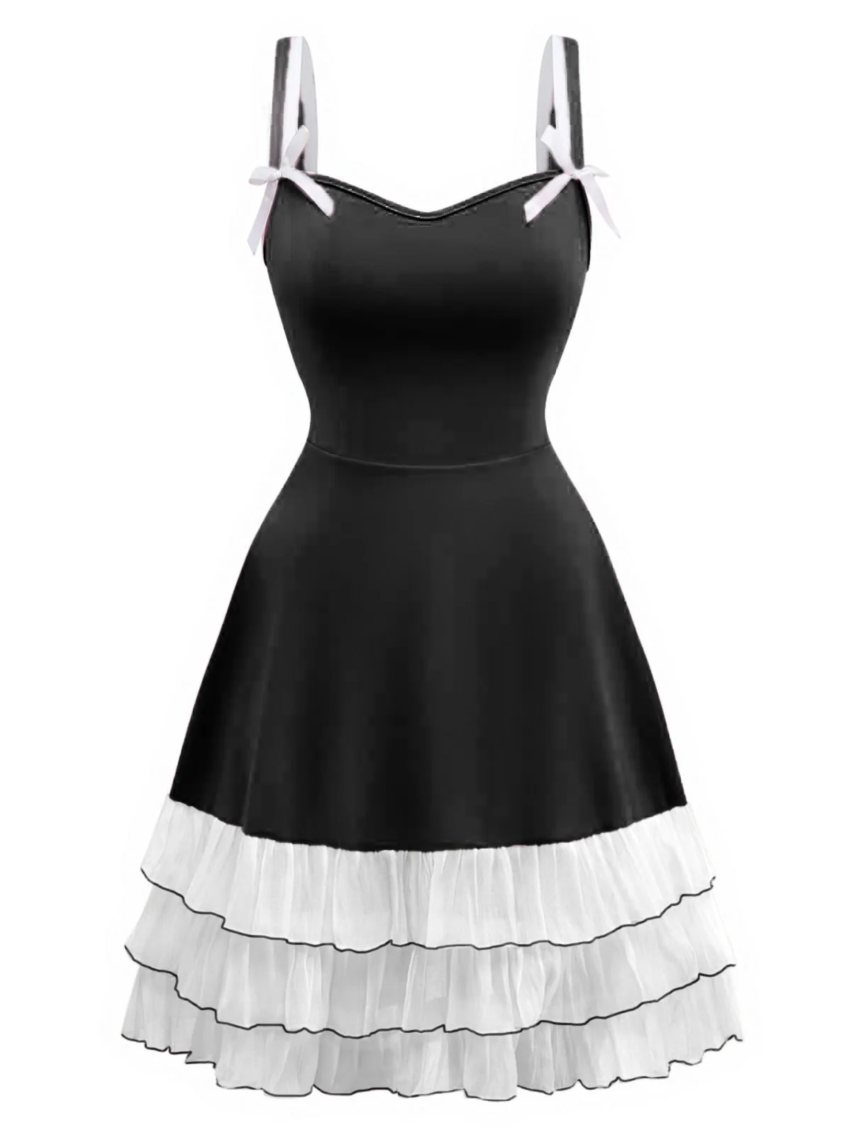 1950s Layered Hem Contrast Bow Strap Dress - Image 6