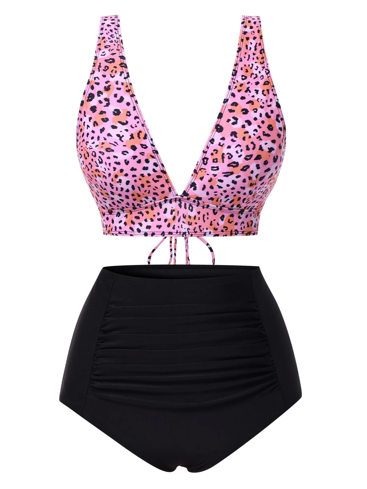 1950s Leopard Print Deep V-Neck Lace-Up Bikini Set - Image 3