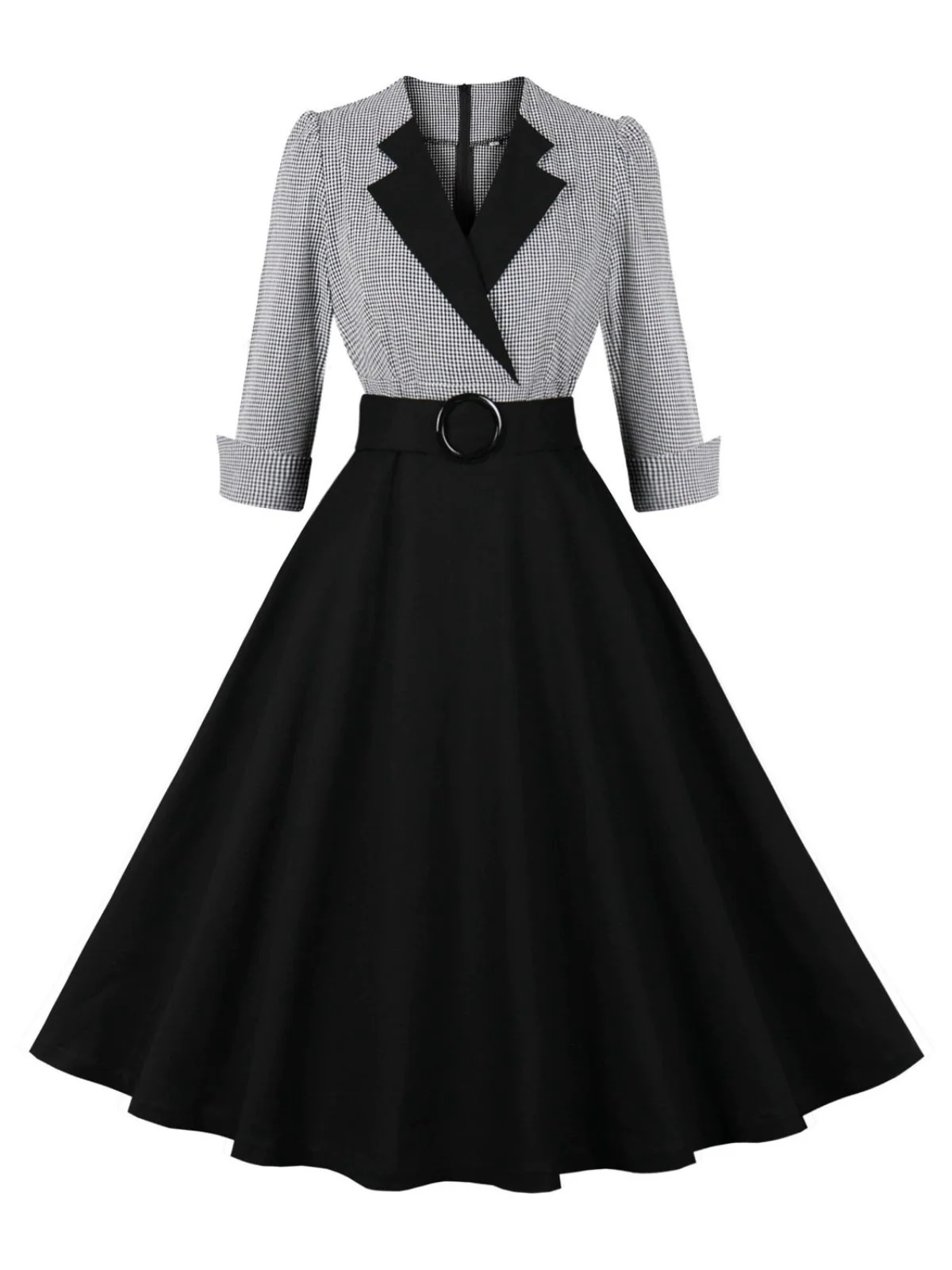 1950s Notched Collar Colorblock Gingham Plaid Dress - Image 6