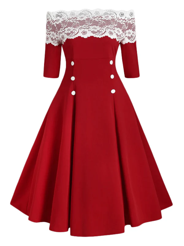 1950s Off Shoulder Button Embellished Dress - Image 5