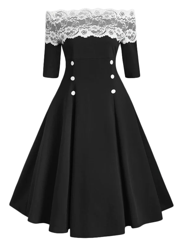 1950s Off Shoulder Button Embellished Dress - Image 9