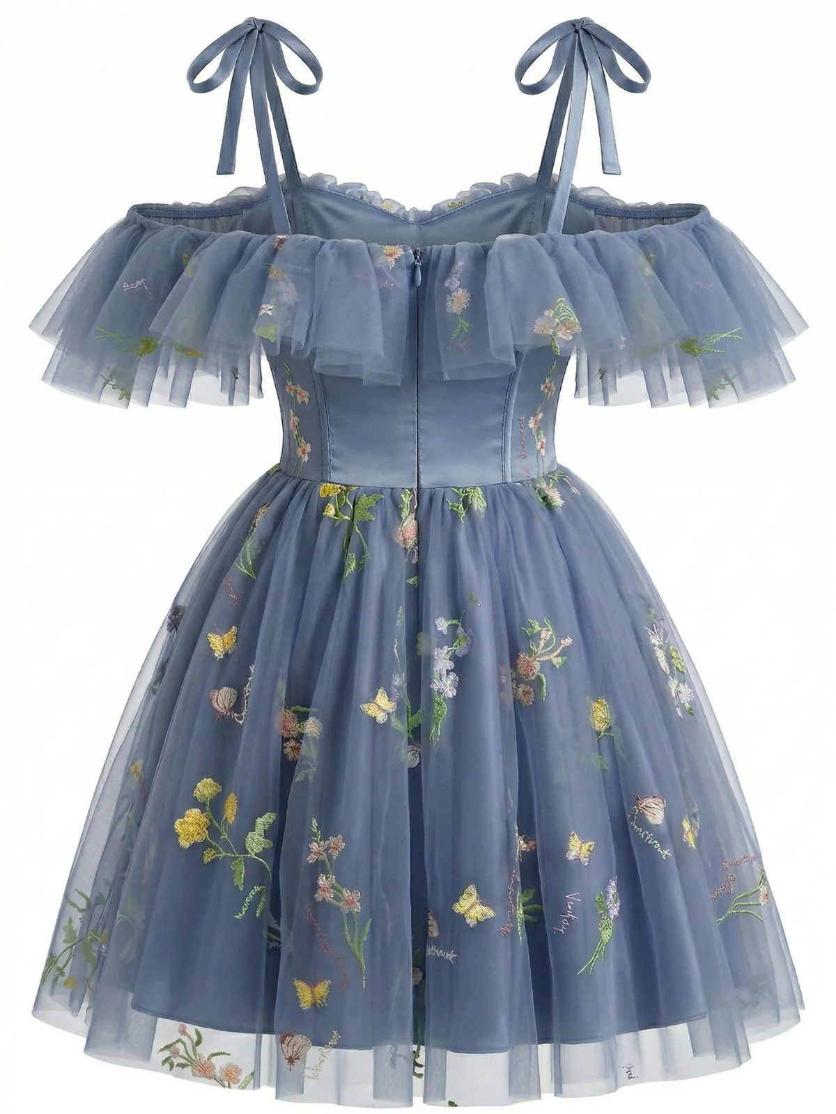 1950s Off-Shoulder Floral Embroidered Mesh Dress - Image 2
