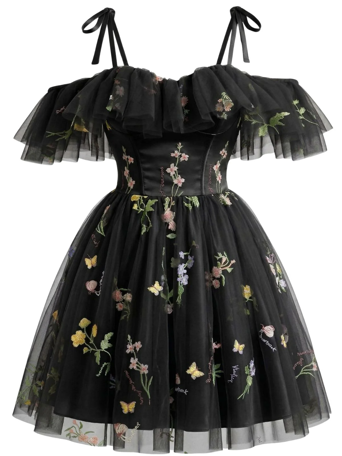 1950s Off-Shoulder Floral Embroidered Mesh Dress - Image 5