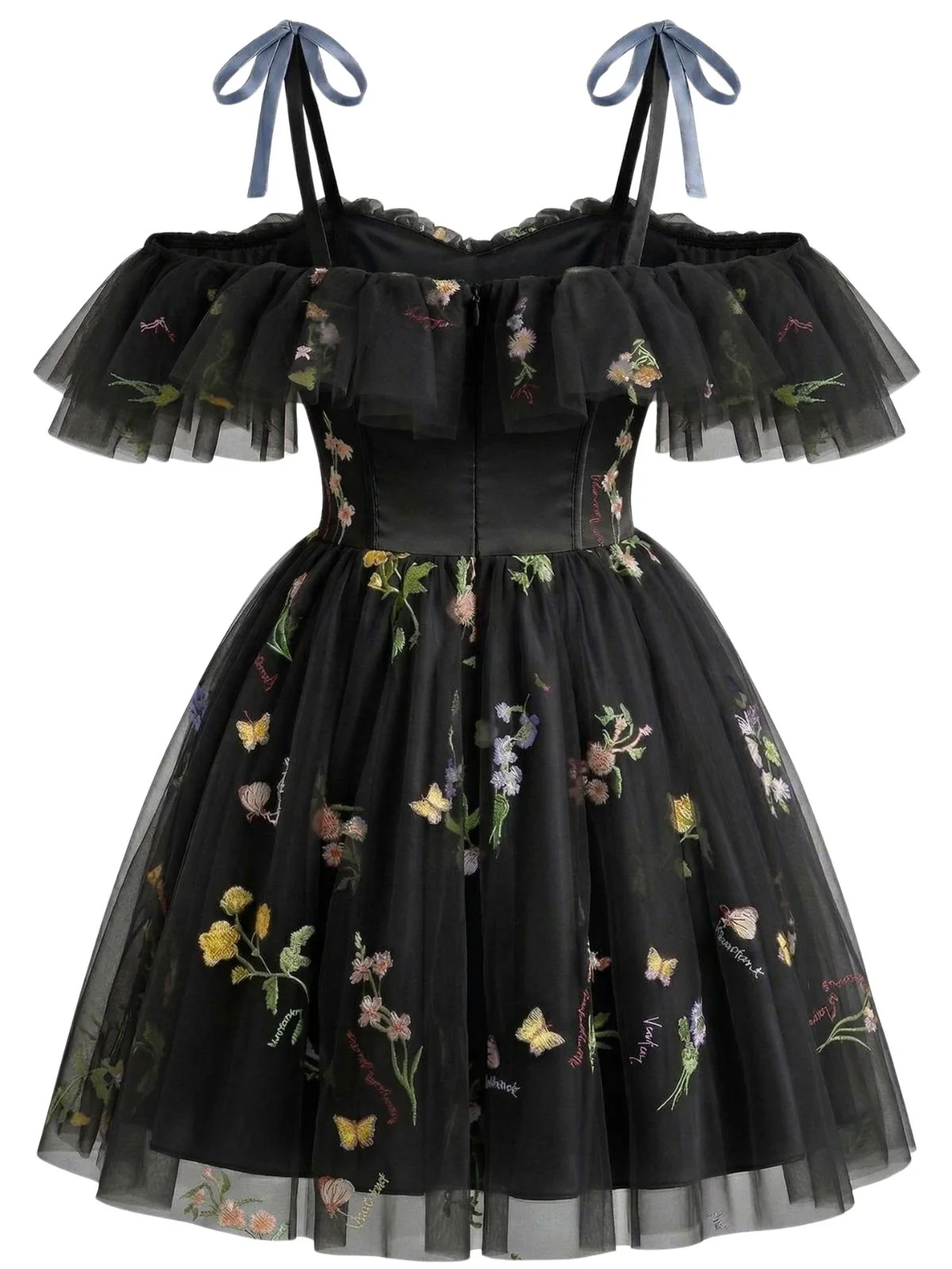 1950s Off-Shoulder Floral Embroidered Mesh Dress - Image 6