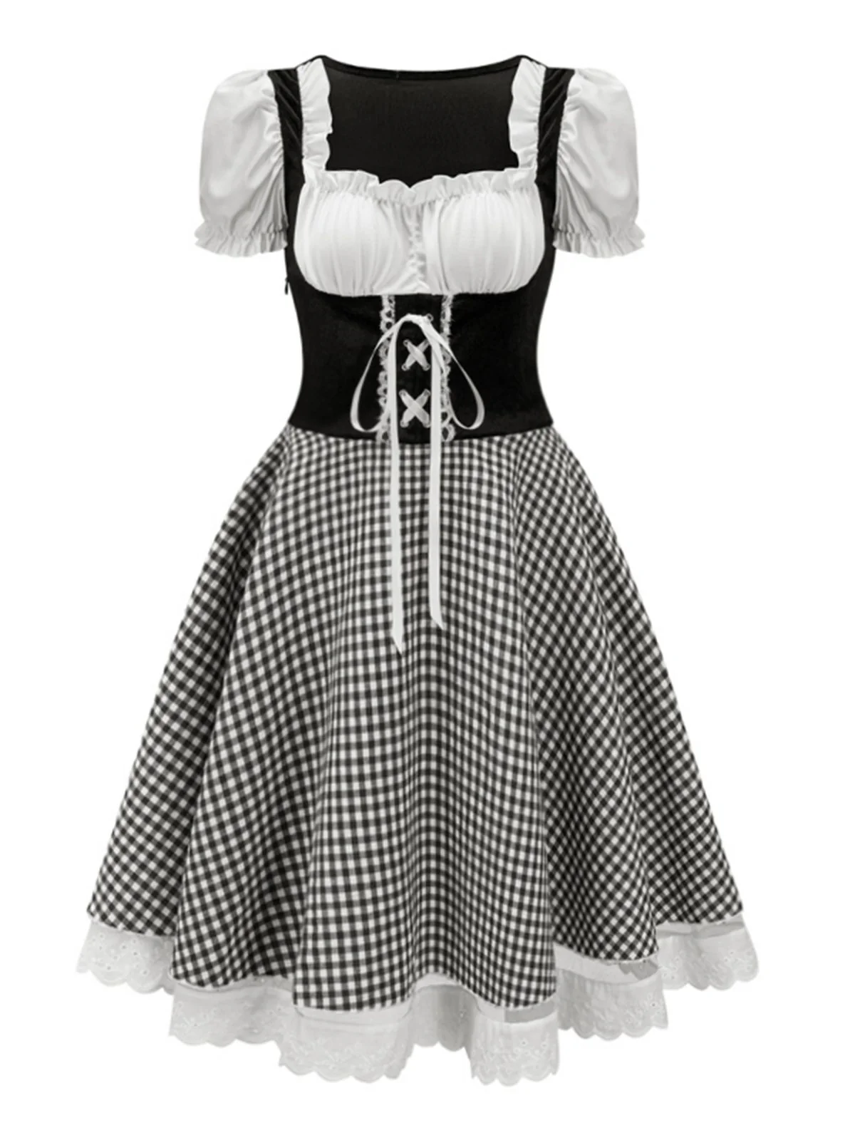 1950s Oktoberfest Puff Sleeves Gingham Plaid Dress - Image 2
