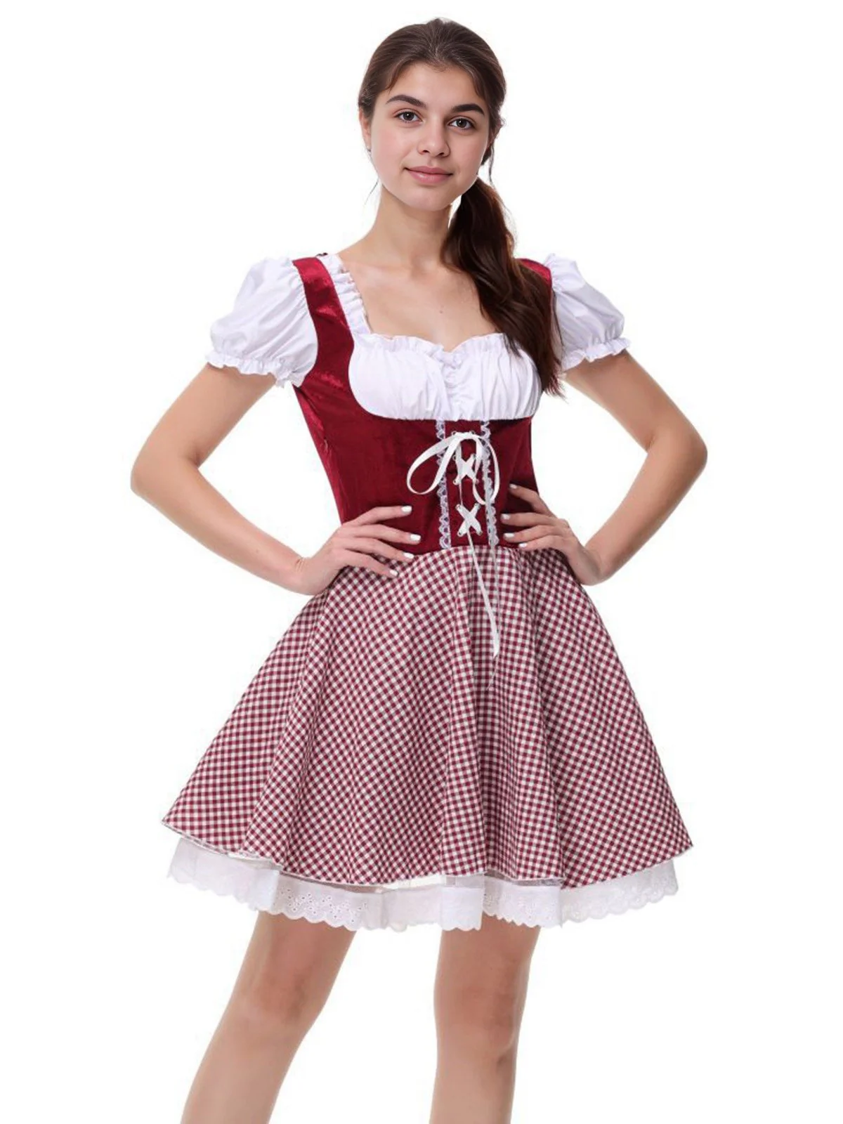 1950s Oktoberfest Puff Sleeves Gingham Plaid Dress - Image 5