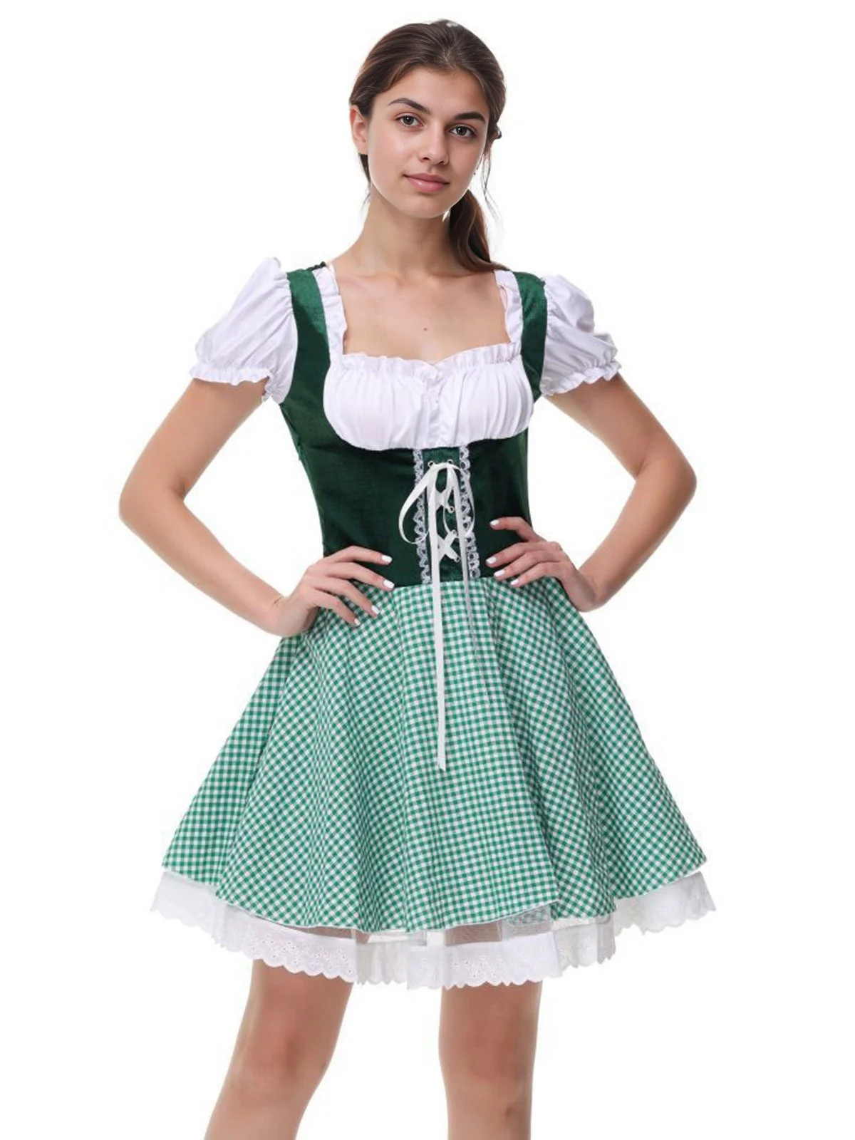 1950s Oktoberfest Puff Sleeves Gingham Plaid Dress - Image 7