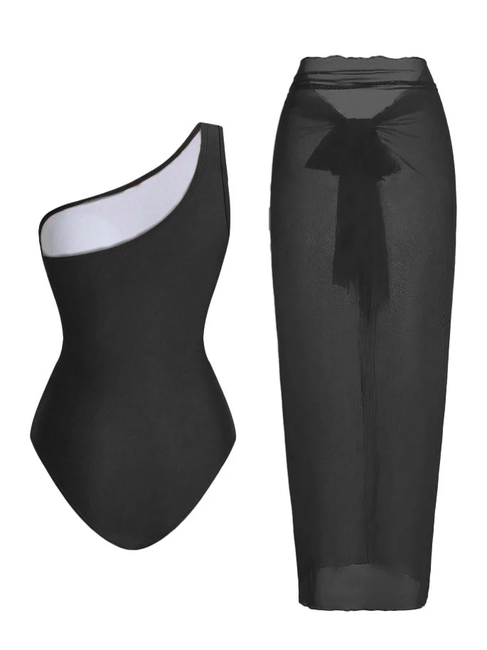 1950s One-Shoulder Ruched Tummy Control One-Piece Swimsuit & Cover-Up - Image 2